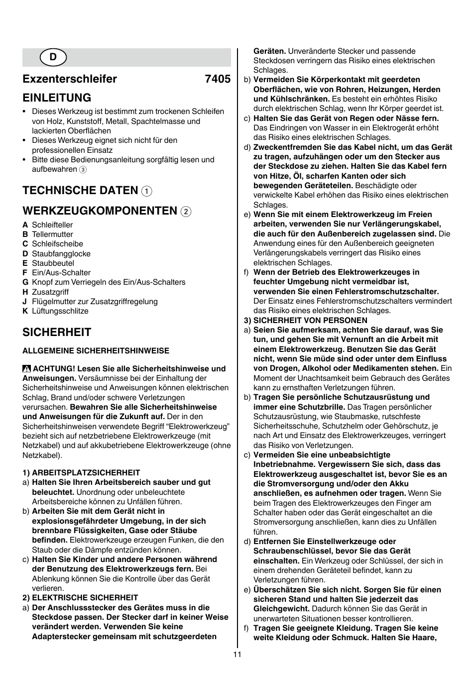 Exzenterschleifer 7405 einleitung, Technische daten 1 werkzeugkomponenten 2, Sicherheit | Skil 7405 AA User Manual | Page 11 / 104