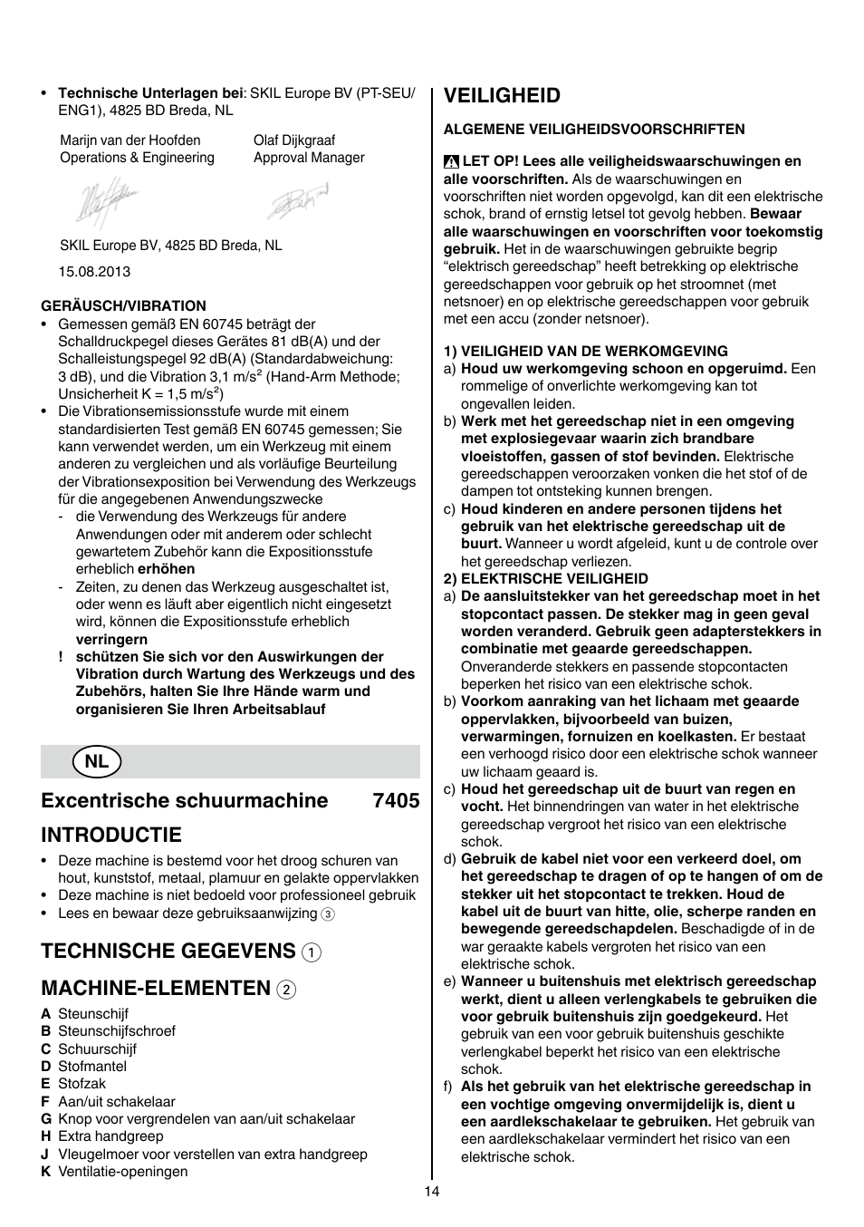 Excentrische schuurmachine 7405 introductie, Technische gegevens 1 machine-elementen 2, Veiligheid | Skil 7405 AA User Manual | Page 14 / 104