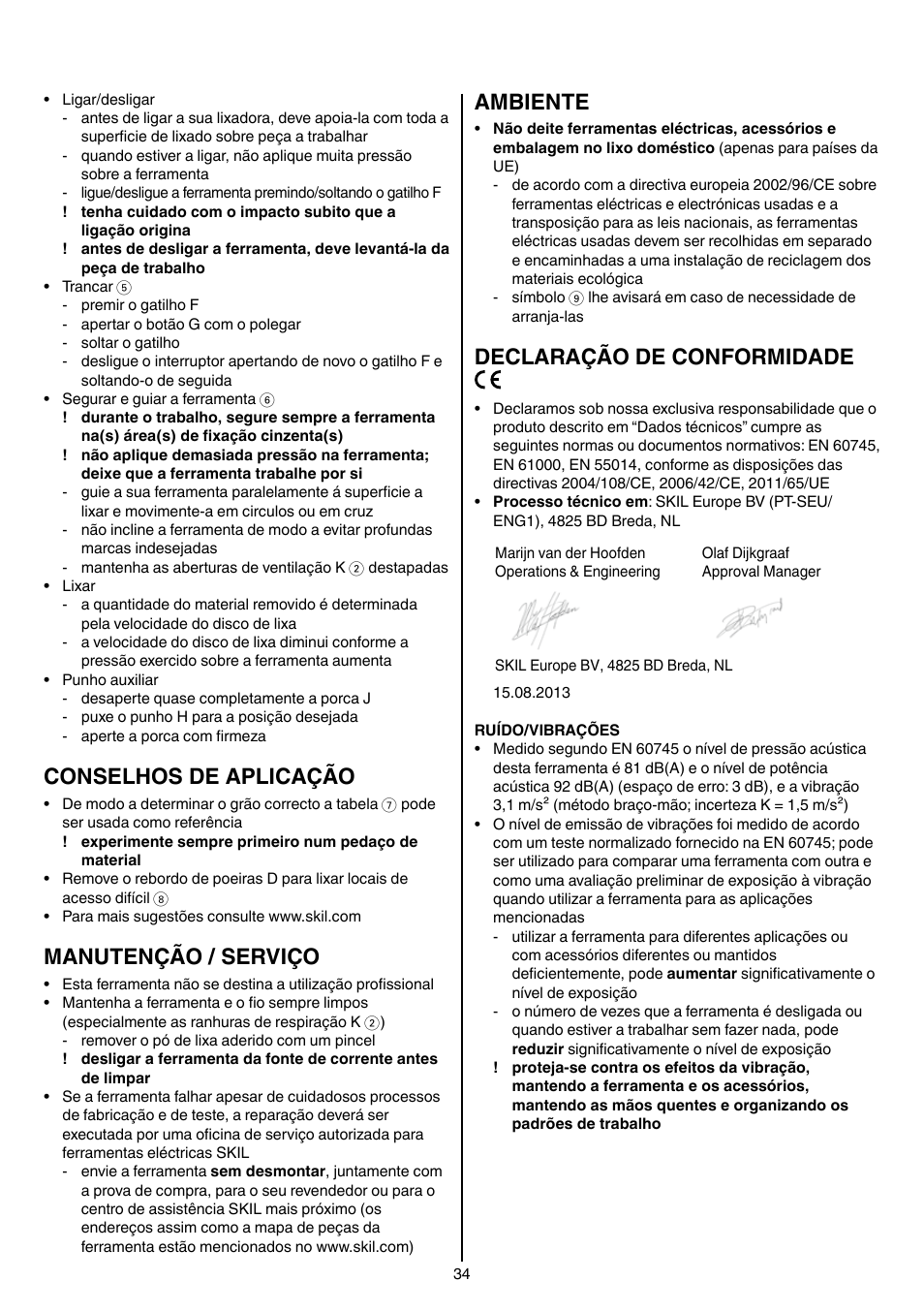 Conselhos de aplicação, Manutenção / serviço, Ambiente | Declaração de conformidade | Skil 7405 AA User Manual | Page 34 / 104