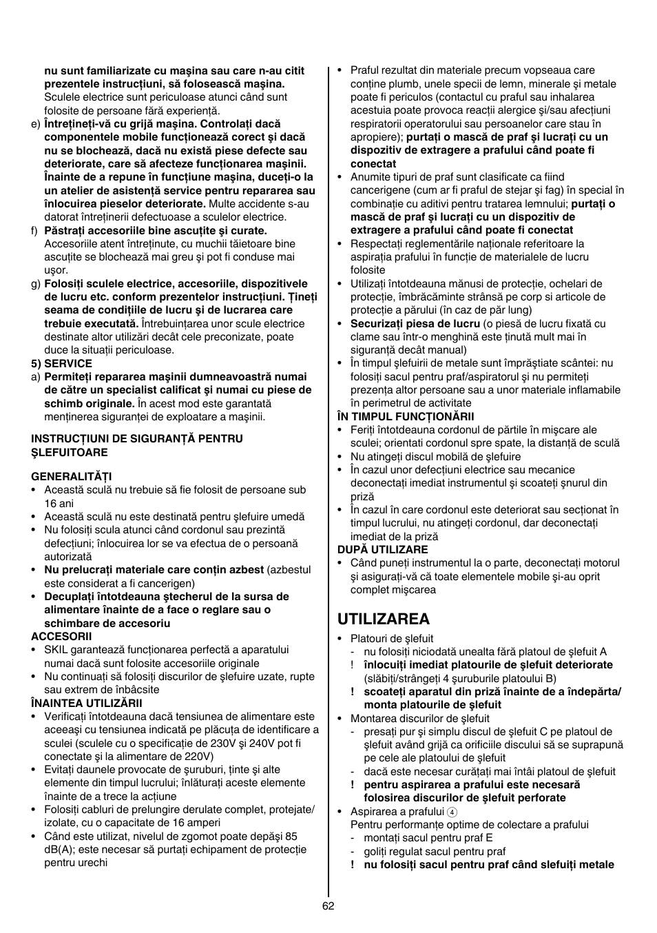 Utilizarea | Skil 7405 AA User Manual | Page 62 / 104