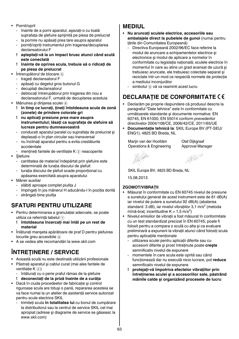 Sfaturi pentru utilizare, Întreţinere / service, Mediul | Declaraţie de conformitate | Skil 7405 AA User Manual | Page 63 / 104