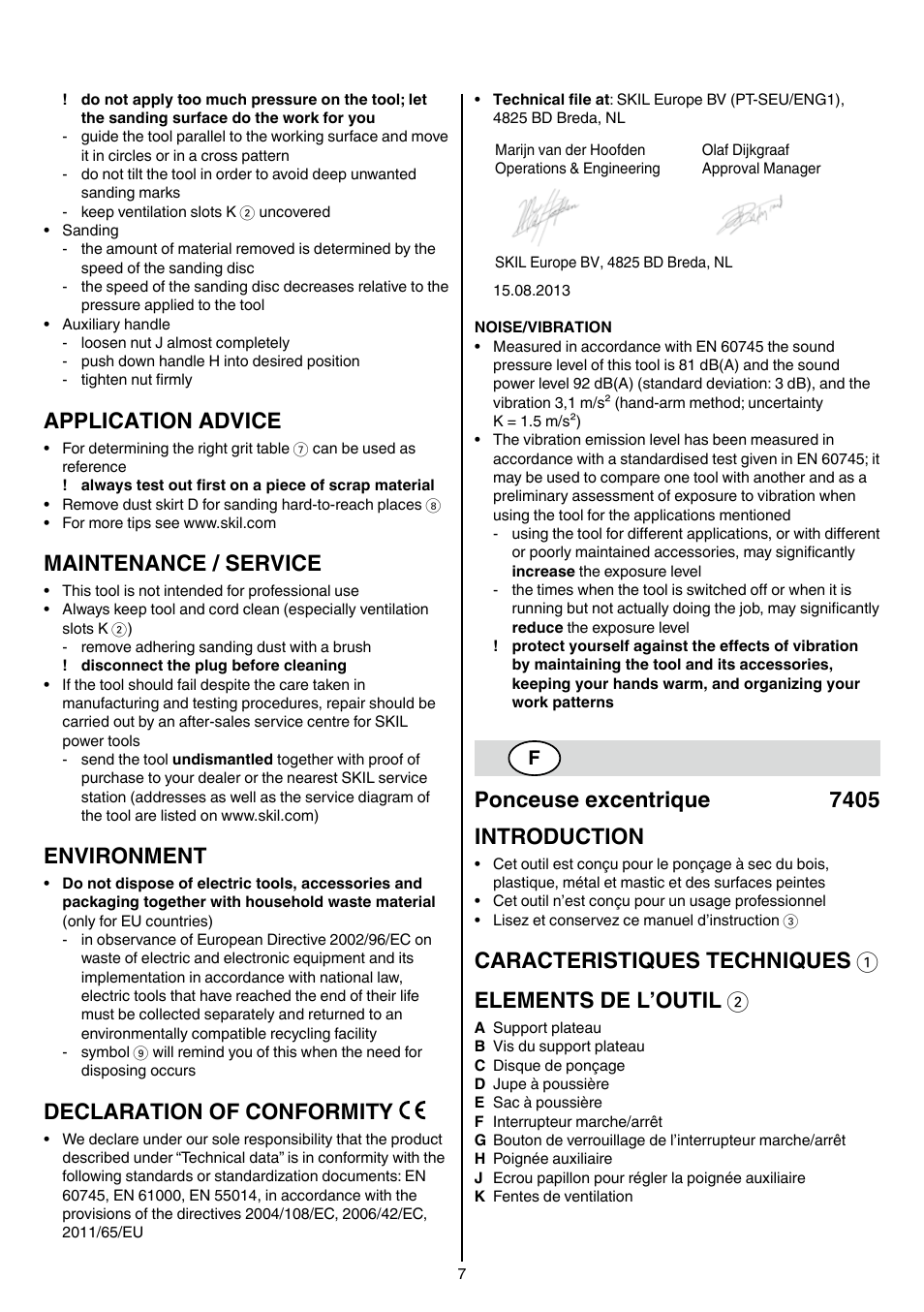 Application advice, Maintenance / service, Environment | Declaration of conformity, Ponceuse excentrique 7405 introduction | Skil 7405 AA User Manual | Page 7 / 104