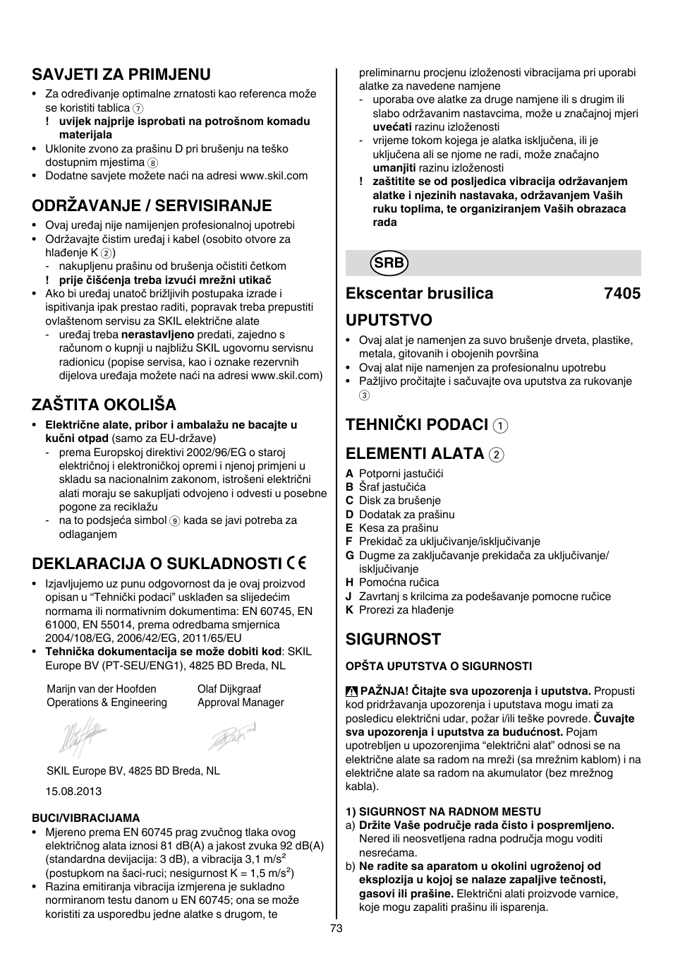 Savjeti za primjenu, Održavanje / servisiranje, Zaštita okoliša | Deklaracija o sukladnosti, Ekscentar brusilica 7405 uputstvo, Tehnički podaci 1 elementi alata 2, Sigurnost | Skil 7405 AA User Manual | Page 73 / 104