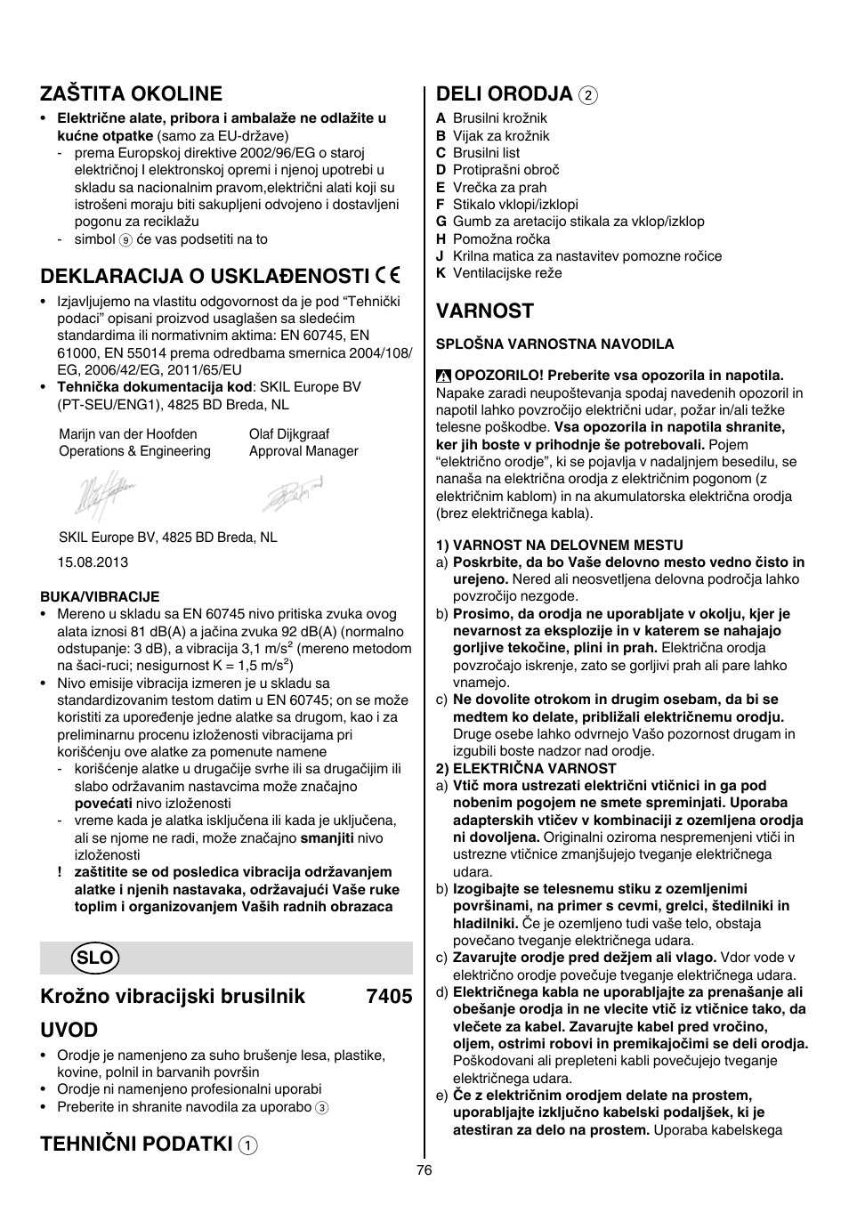 Zaštita okoline, Deklaracija o usklađenosti, Krožno vibracijski brusilnik 7405 uvod | Tehnični podatki 1 deli orodja 2, Varnost | Skil 7405 AA User Manual | Page 76 / 104
