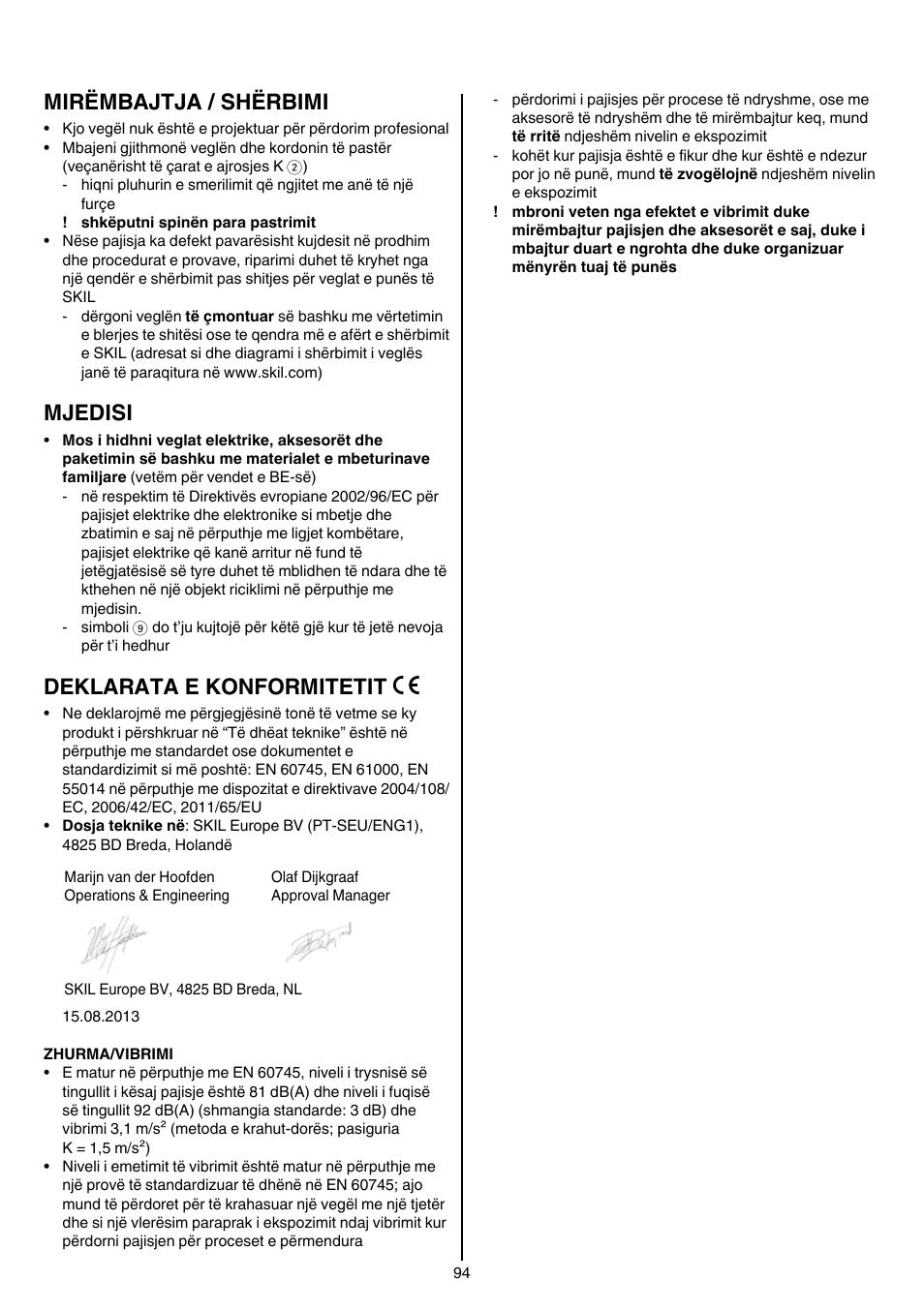 Mirëmbajtja / shërbimi, Mjedisi, Deklarata e konformitetit | Skil 7405 AA User Manual | Page 94 / 104