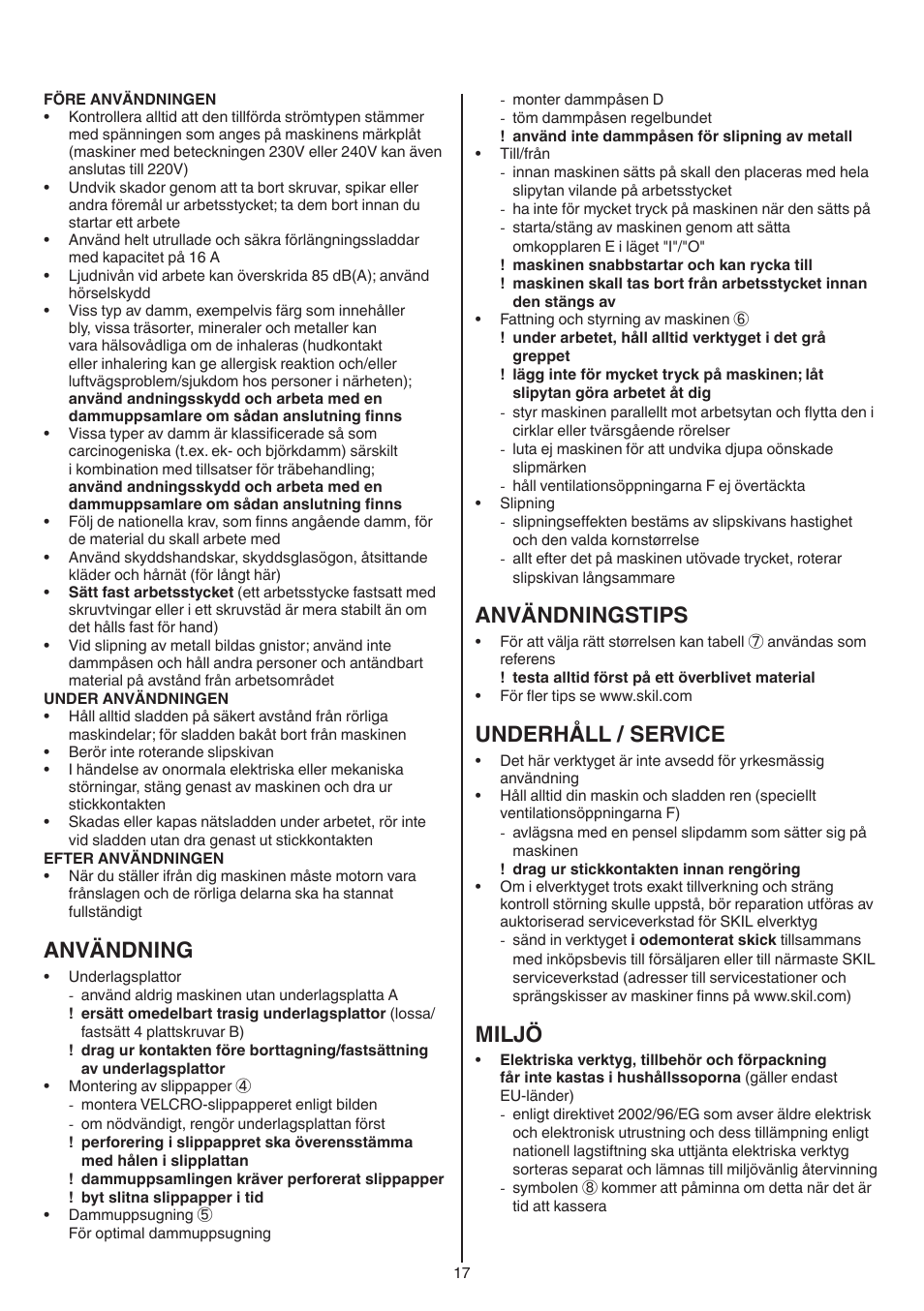 Användning, Användningstips, Underhåll / service | Miljö | Skil 7420 AA User Manual | Page 17 / 96
