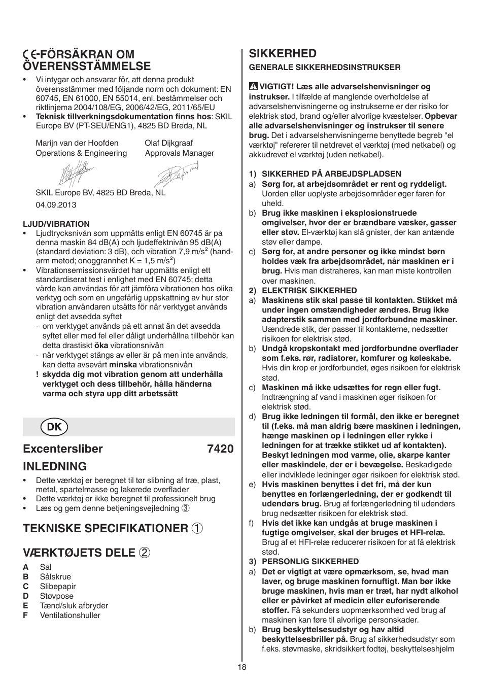 Försäkran om överensstämmelse, Excentersliber 7420 inledning, Tekniske specifikationer ① værktøjets dele | Sikkerhed | Skil 7420 AA User Manual | Page 18 / 96
