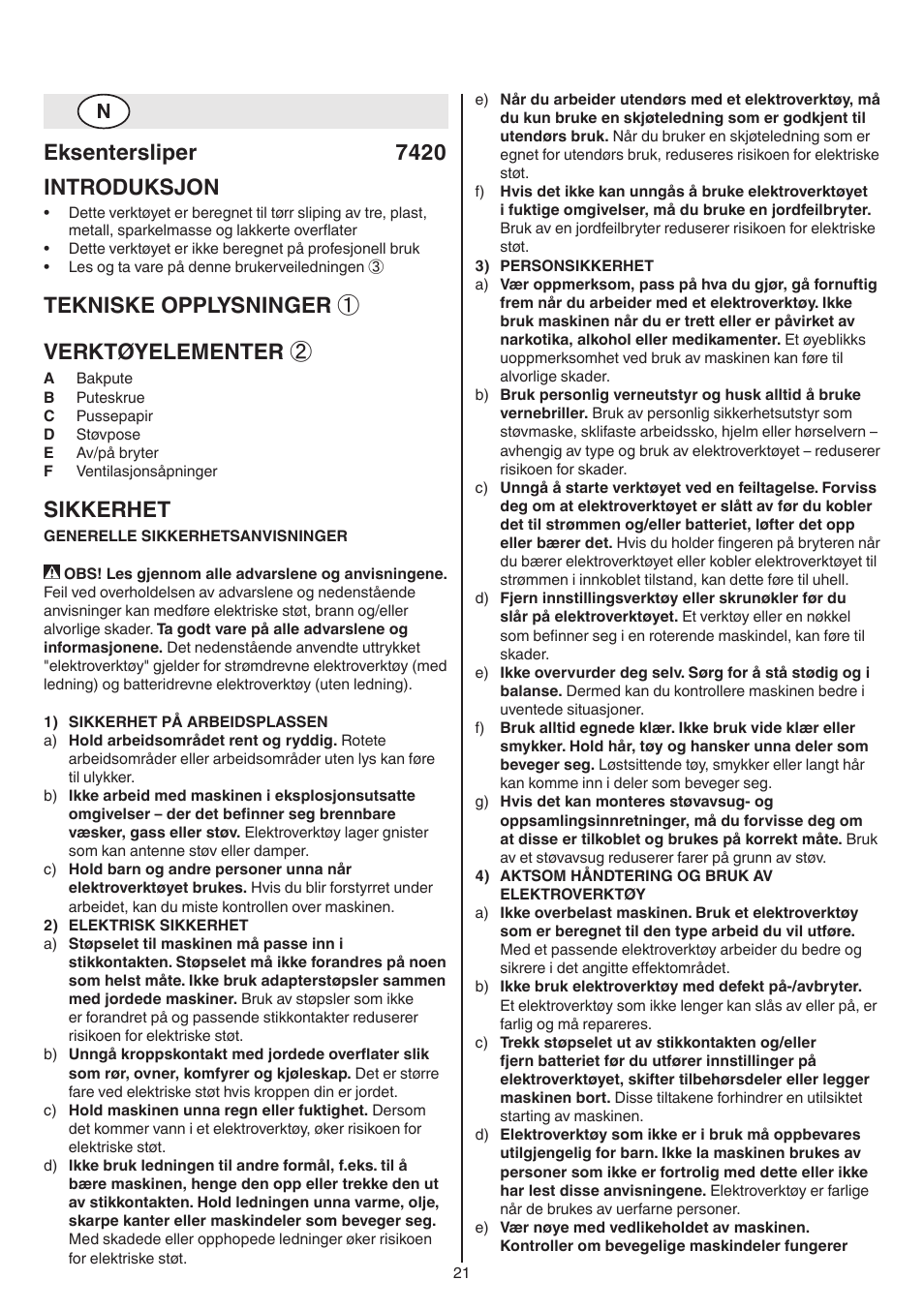 Eksentersliper 7420 introduksjon, Tekniske opplysninger ① verktøyelementer, Sikkerhet | Skil 7420 AA User Manual | Page 21 / 96