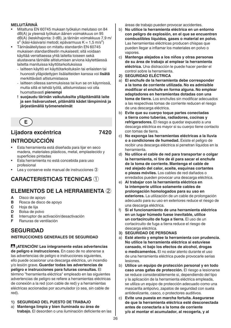 Lijadora excéntrica 7420 introducción, Seguridad | Skil 7420 AA User Manual | Page 26 / 96