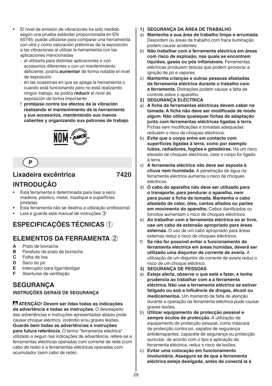 Lixadeira excêntrica 7420 introdução, Especificações técnicas ① elementos da ferramenta, Segurança | Skil 7420 AA User Manual | Page 29 / 96