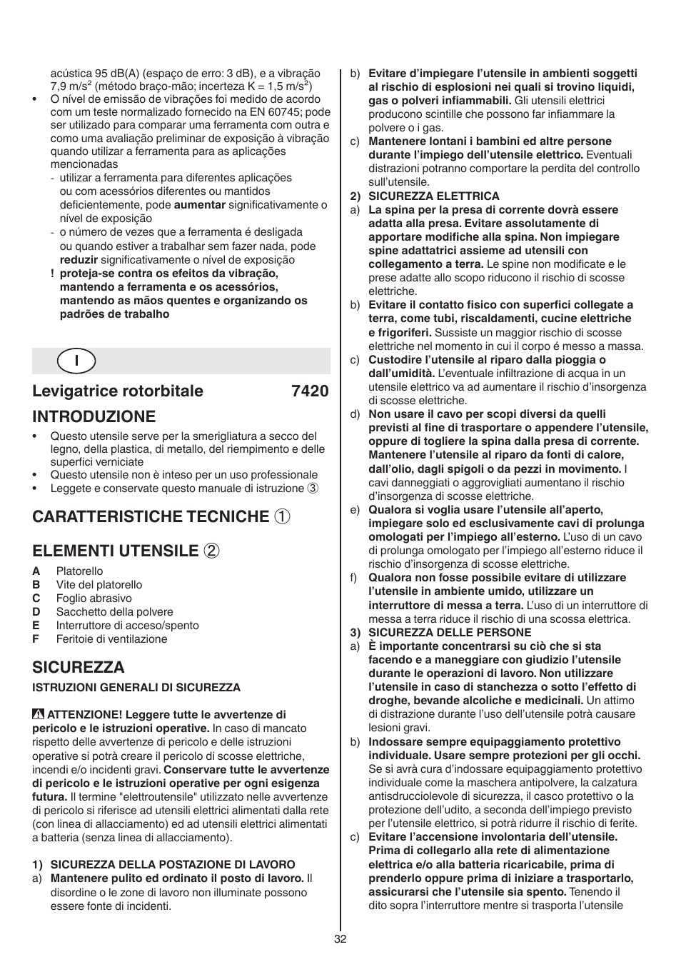 Levigatrice rotorbitale 7420 introduzione, Caratteristiche tecniche ① elementi utensile, Sicurezza | Skil 7420 AA User Manual | Page 32 / 96