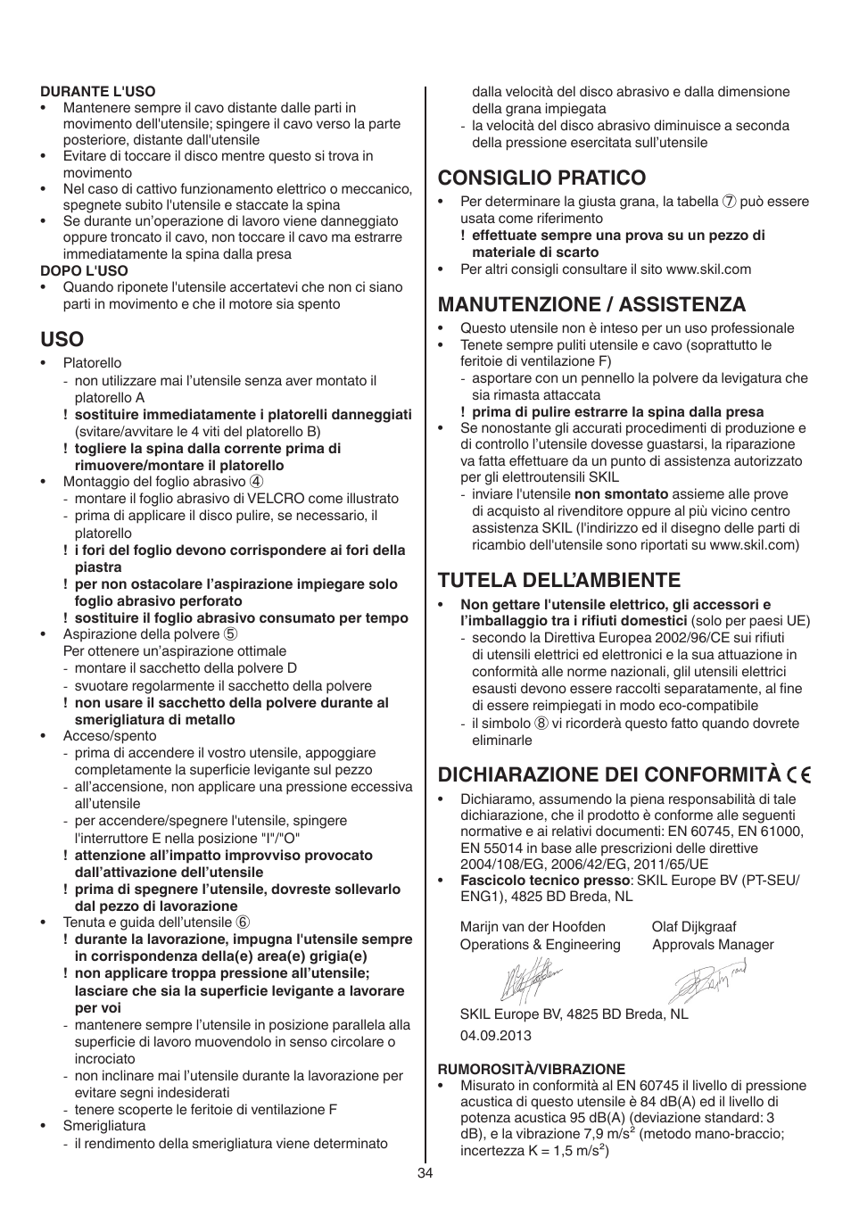 Consiglio pratico, Manutenzione / assistenza, Tutela dell’ambiente | Dichiarazione dei conformità | Skil 7420 AA User Manual | Page 34 / 96