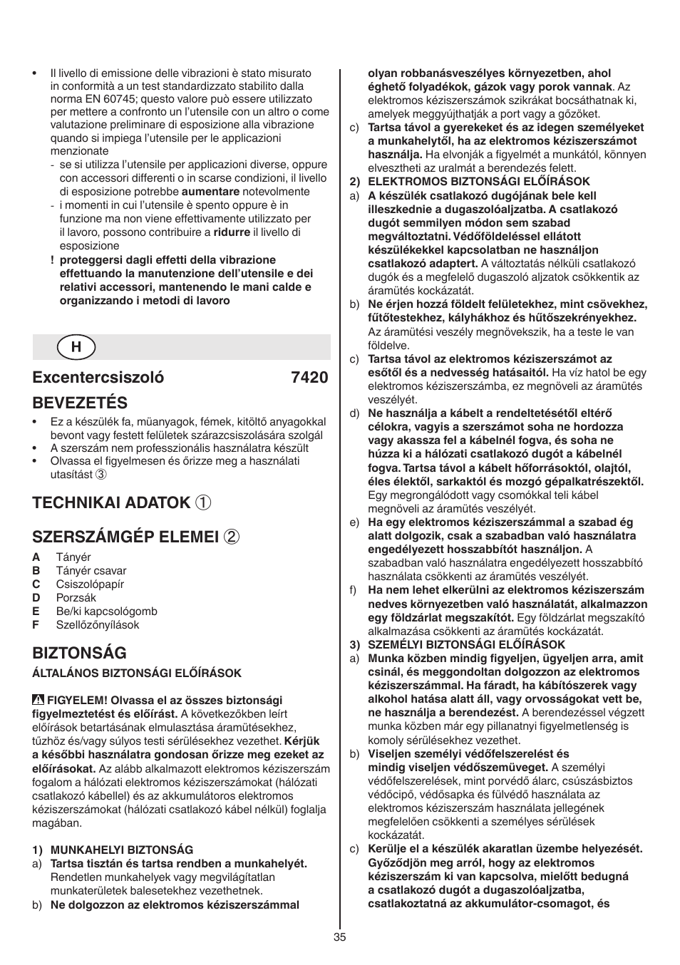 Excentercsiszoló 7420 bevezetés, Technikai adatok ① szerszámgép elemei, Biztonság | Skil 7420 AA User Manual | Page 35 / 96