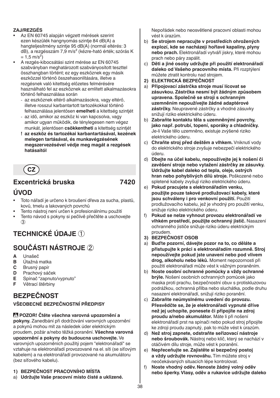 Excentrická bruska 7420 úvod, Technické údaje ① součásti nástroje, Bezpečnost | Skil 7420 AA User Manual | Page 38 / 96