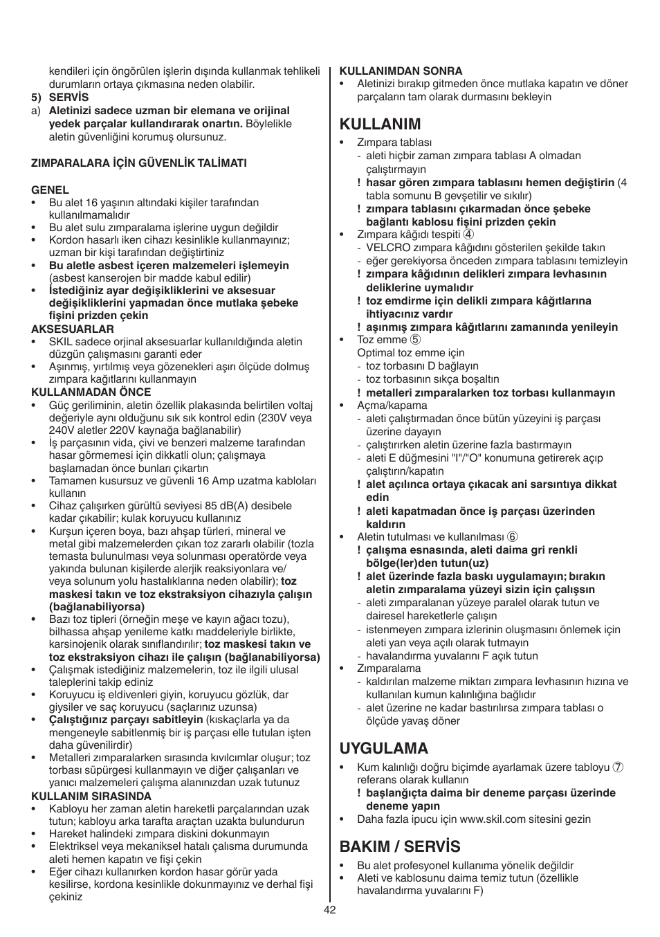 Kullanim, Uygulama, Bakim / servis | Skil 7420 AA User Manual | Page 42 / 96