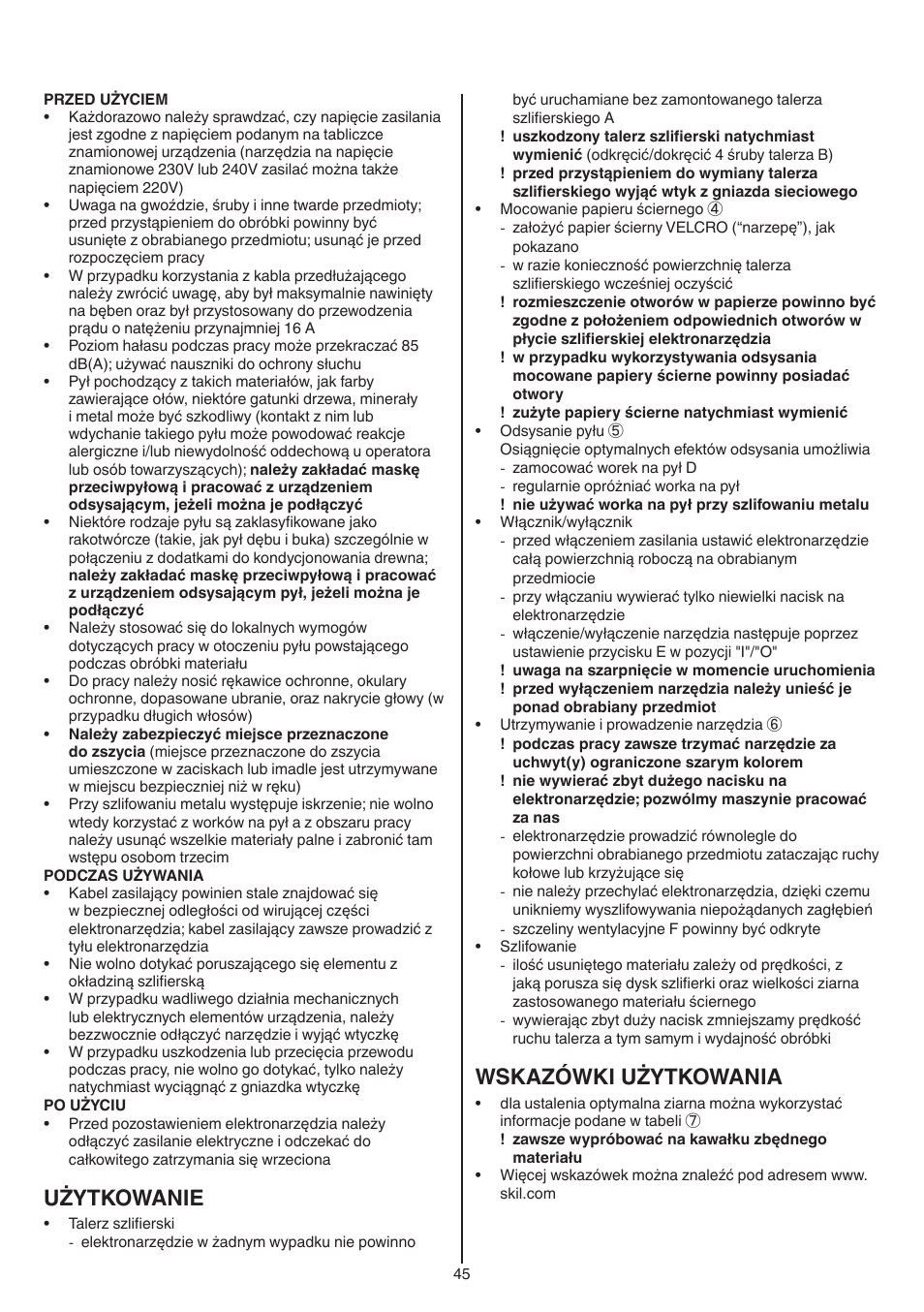 Użytkowanie, Wskazówki użytkowania | Skil 7420 AA User Manual | Page 45 / 96