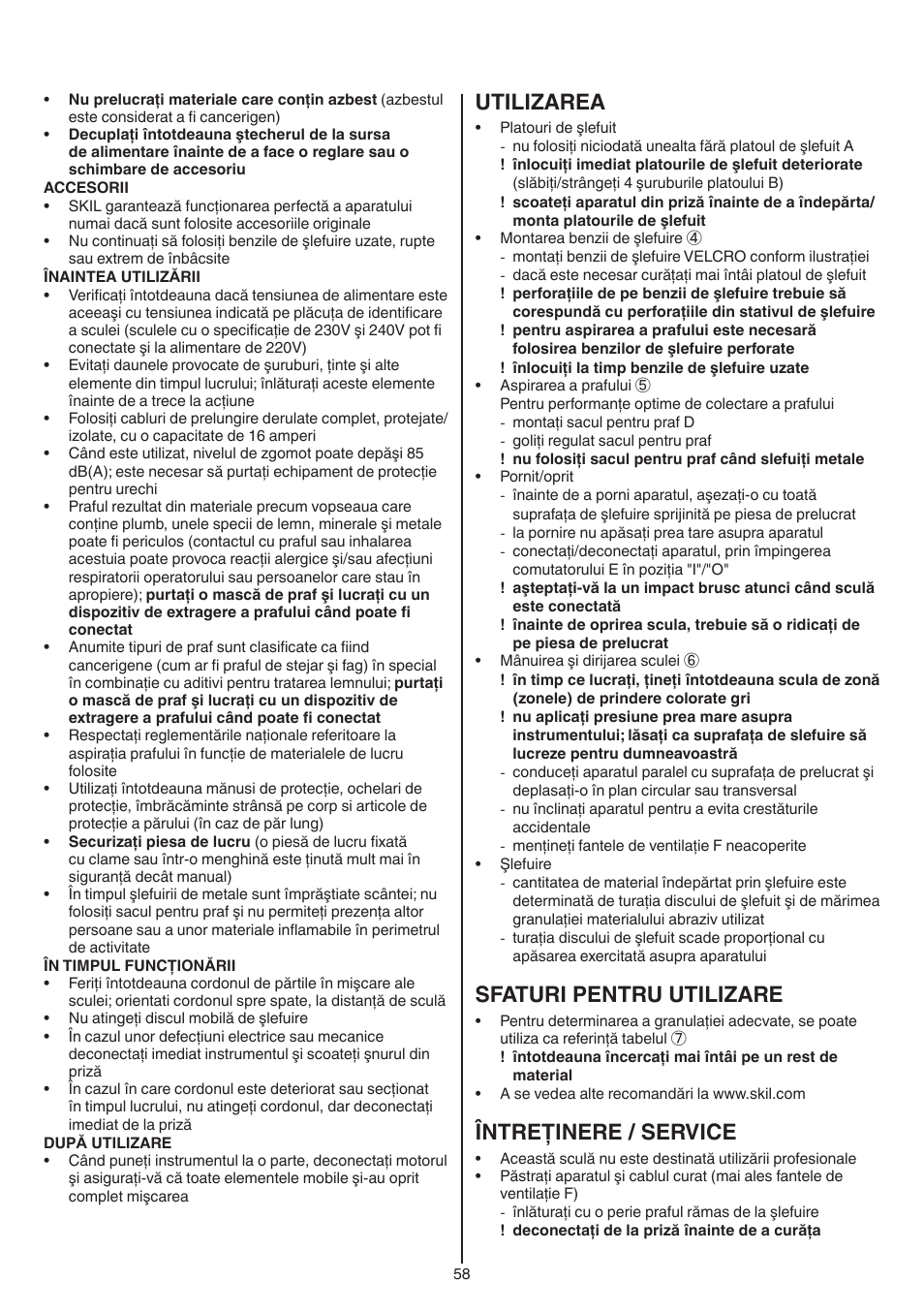 Utilizarea, Sfaturi pentru utilizare, Întreţinere / service | Skil 7420 AA User Manual | Page 58 / 96