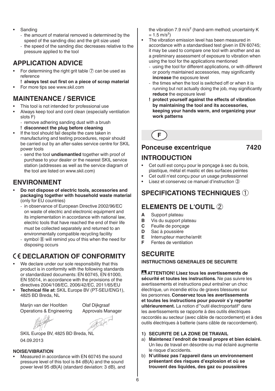 Application advice, Maintenance / service, Environment | Declaration of conformity, Ponceuse excentrique 7420 introduction, Specifications techniques ① elements de l'outil, Securite | Skil 7420 AA User Manual | Page 6 / 96