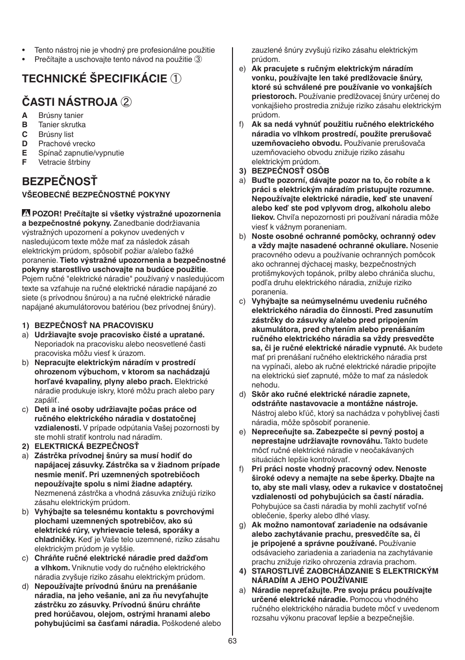 Technické špecifikácie ① časti nástroja, Bezpečnosť | Skil 7420 AA User Manual | Page 63 / 96