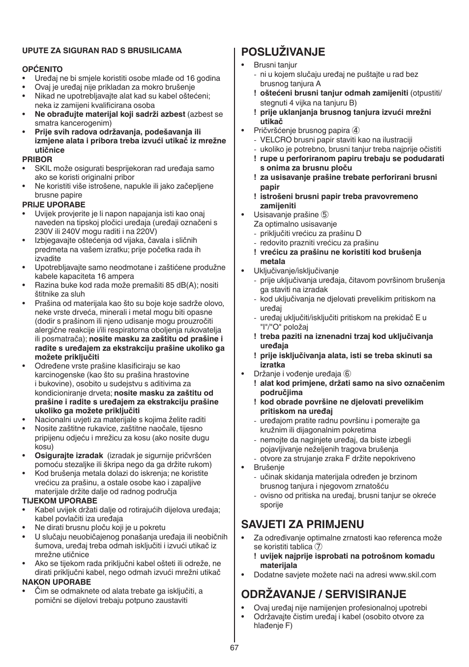 Posluživanje, Savjeti za primjenu, Održavanje / servisiranje | Skil 7420 AA User Manual | Page 67 / 96
