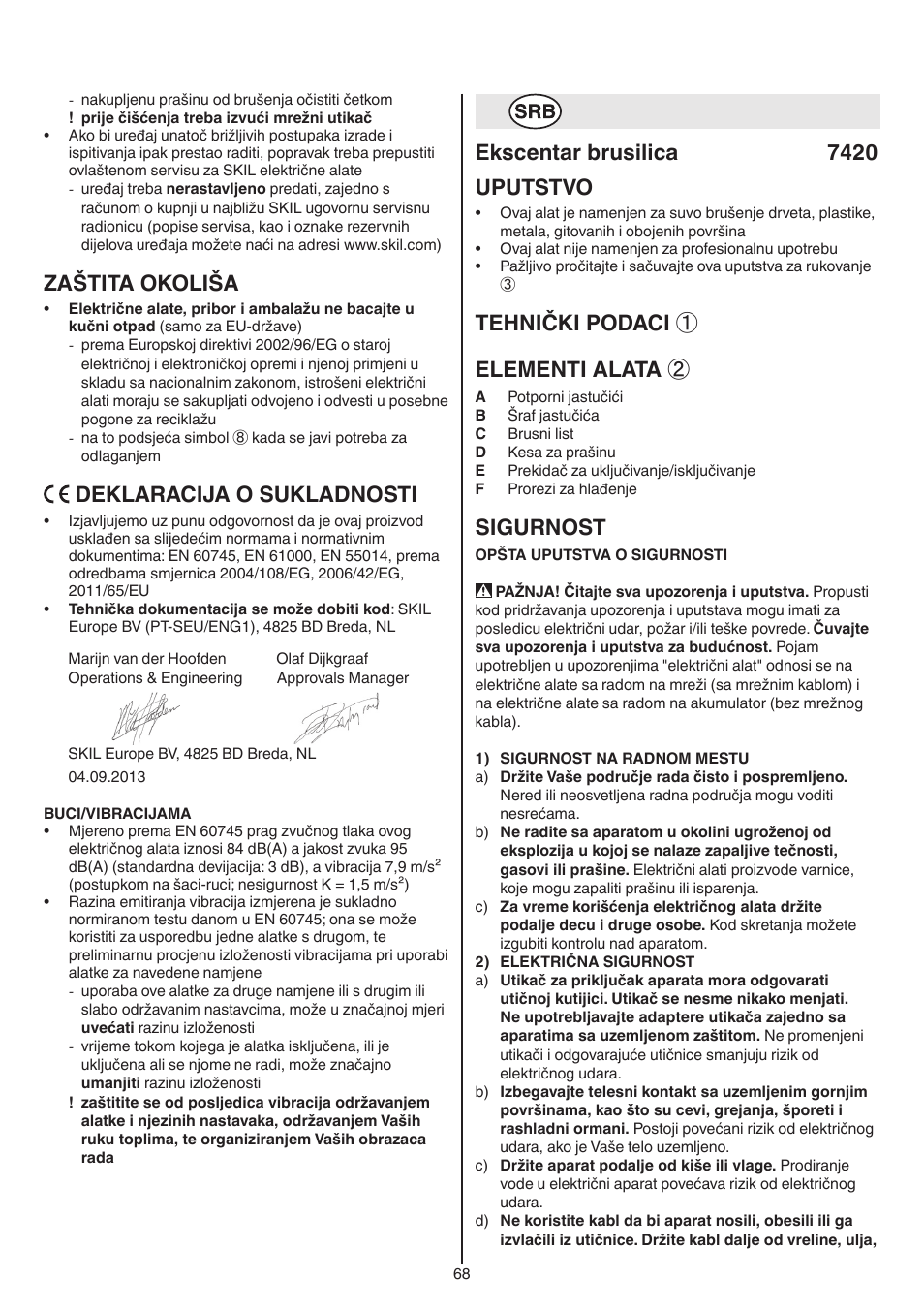 Zaštita okoliša, Deklaracija o sukladnosti, Ekscentar brusilica 7420 uputstvo | Tehnički podaci ① elementi alata, Sigurnost | Skil 7420 AA User Manual | Page 68 / 96