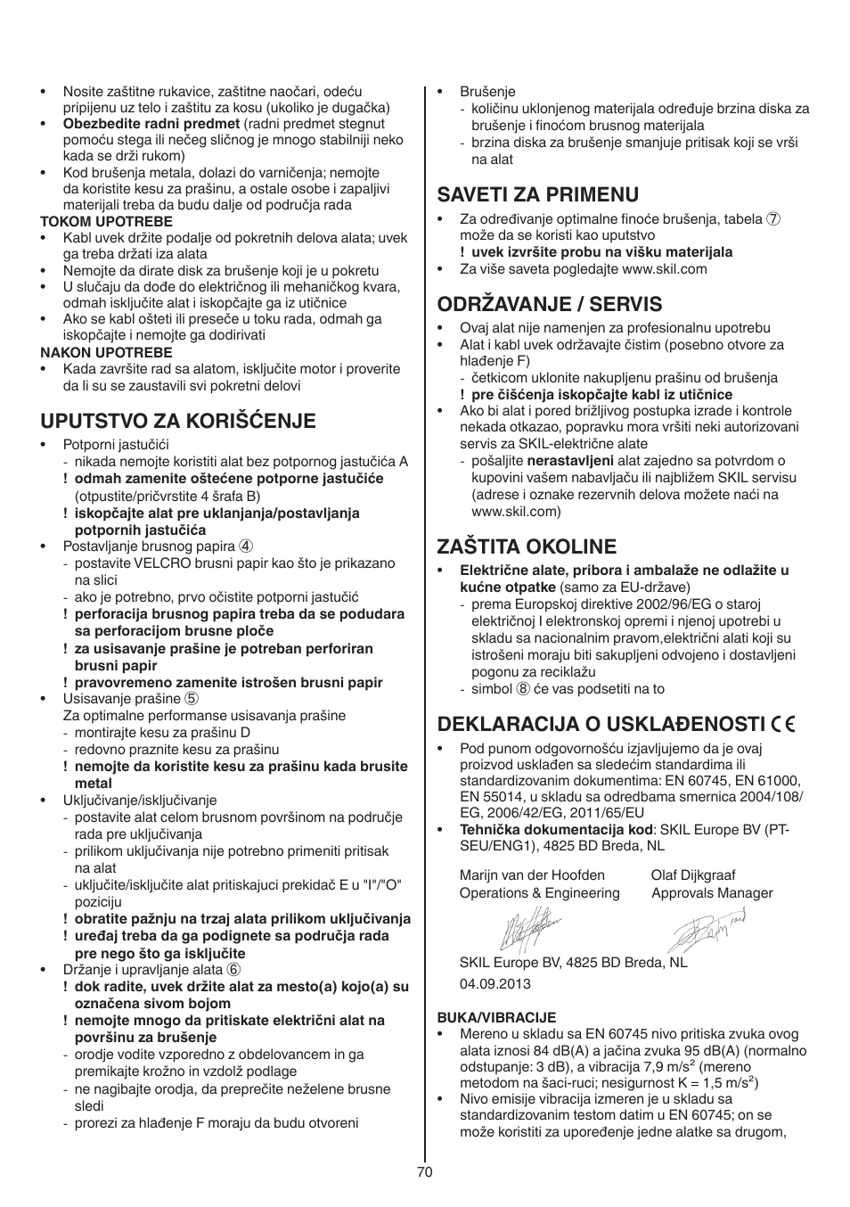 Uputstvo za korišćenje, Saveti za primenu, Održavanje / servis | Zaštita okoline, Deklaracija o usklađenosti | Skil 7420 AA User Manual | Page 70 / 96