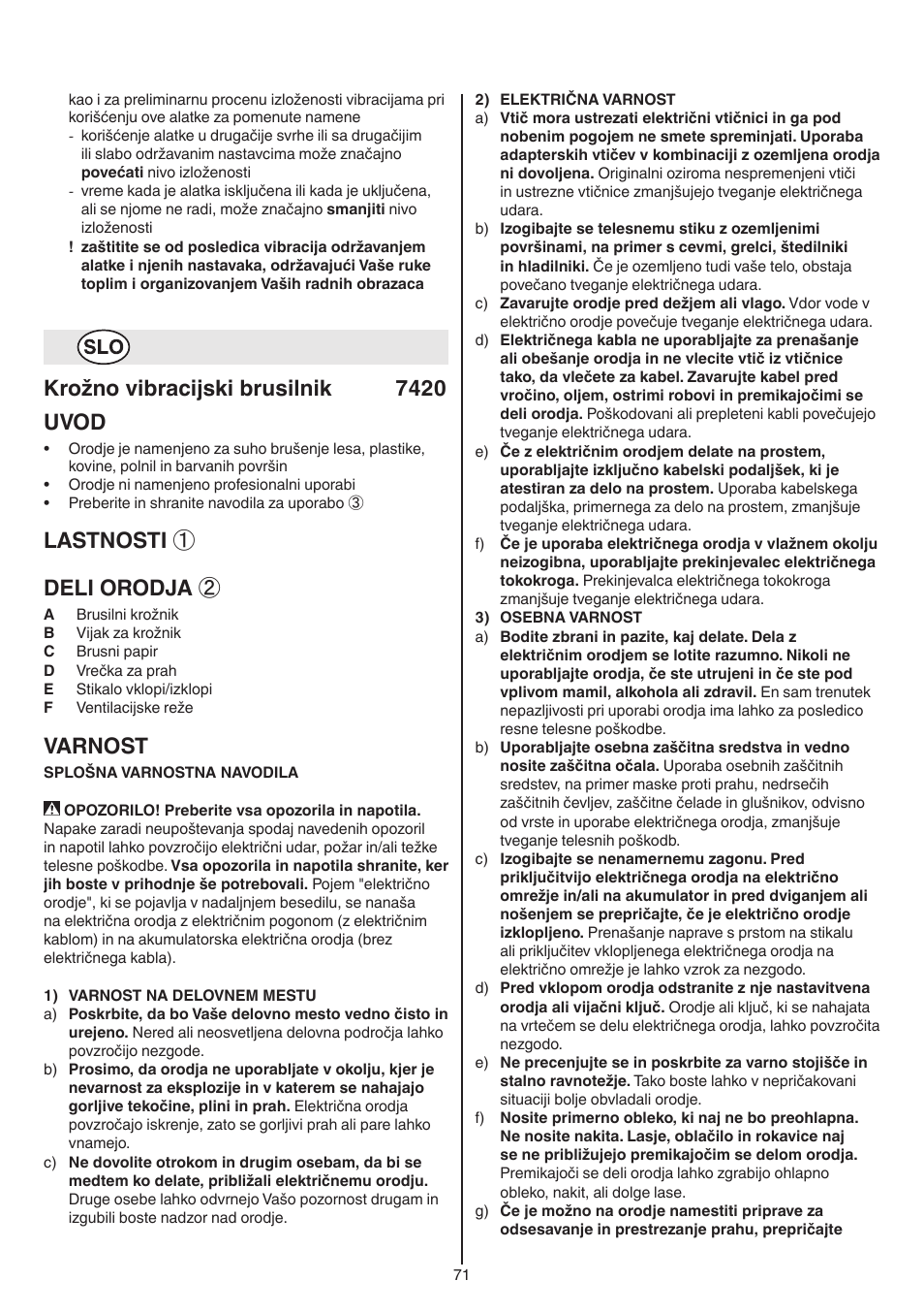 Krožno vibracijski brusilnik 7420 uvod, Lastnosti ① deli orodja, Varnost | Skil 7420 AA User Manual | Page 71 / 96