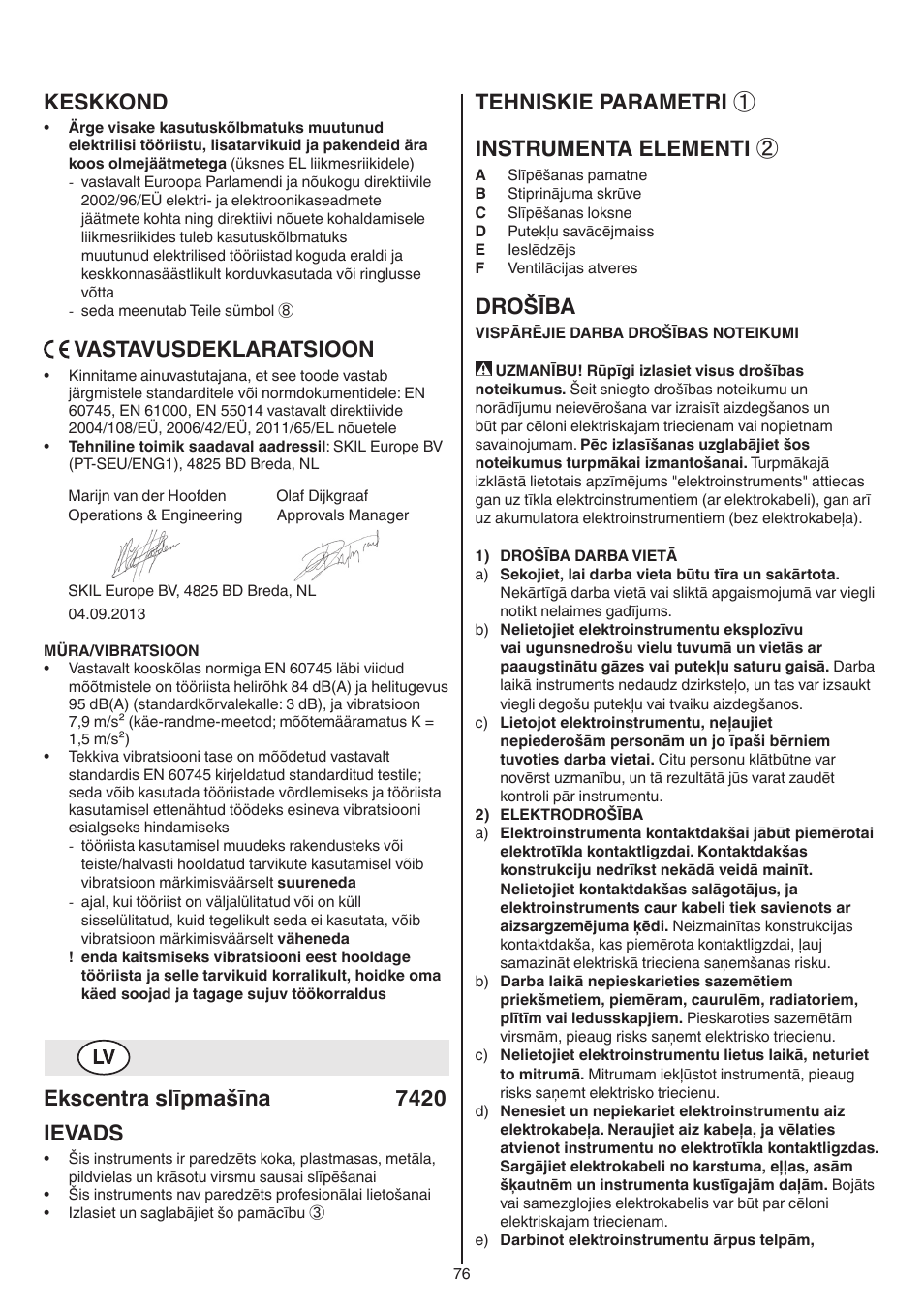 Keskkond, Vastavusdeklaratsioon, Ekscentra slīpmašīna 7420 ievads | Tehniskie parametri ① instrumenta elementi, Drošība | Skil 7420 AA User Manual | Page 76 / 96