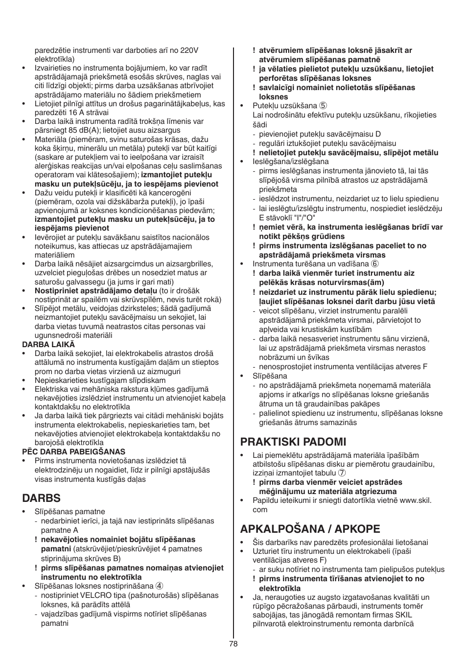 Darbs, Praktiski padomi, Apkalpošana / apkope | Skil 7420 AA User Manual | Page 78 / 96