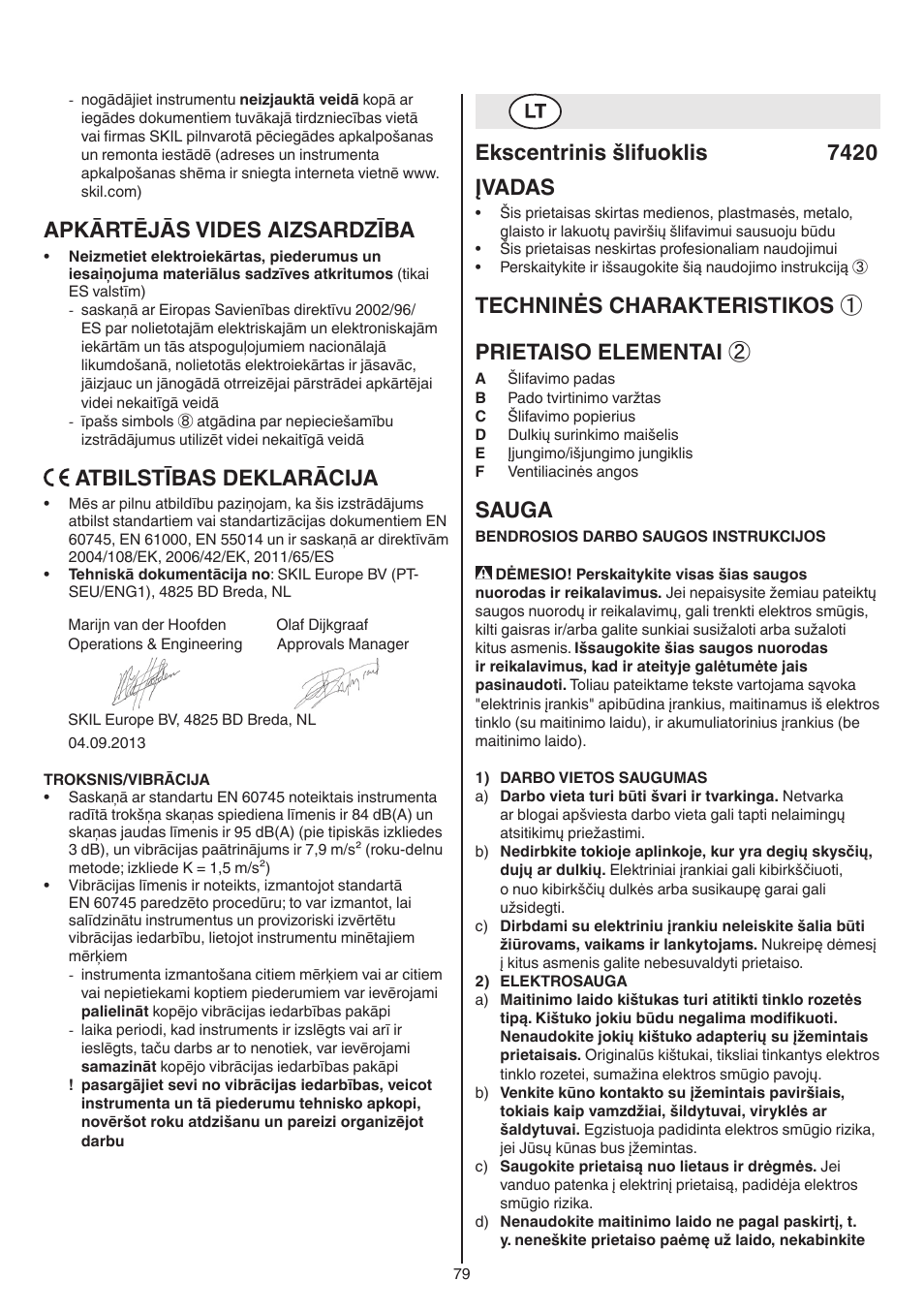 Apkārtējās vides aizsardzība, Atbilstības deklarācija, Ekscentrinis šlifuoklis 7420 įvadas | Techninės charakteristikos ① prietaiso elementai, Sauga | Skil 7420 AA User Manual | Page 79 / 96