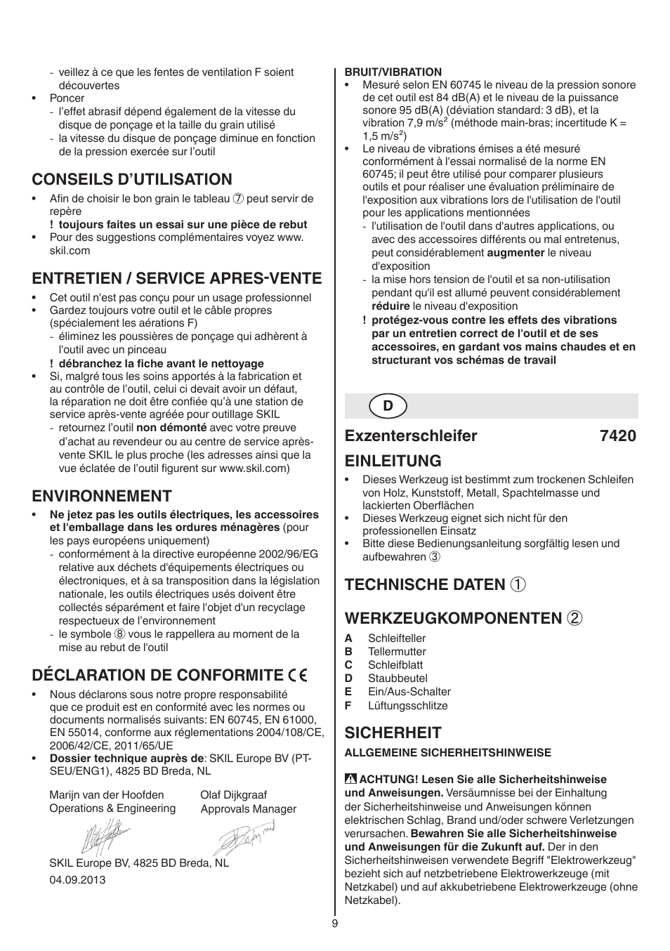 Conseils d’utilisation, Entretien / service apres-vente, Environnement | Déclaration de conformite, Exzenterschleifer 7420 einleitung, Technische daten ① werkzeugkomponenten, Sicherheit | Skil 7420 AA User Manual | Page 9 / 96