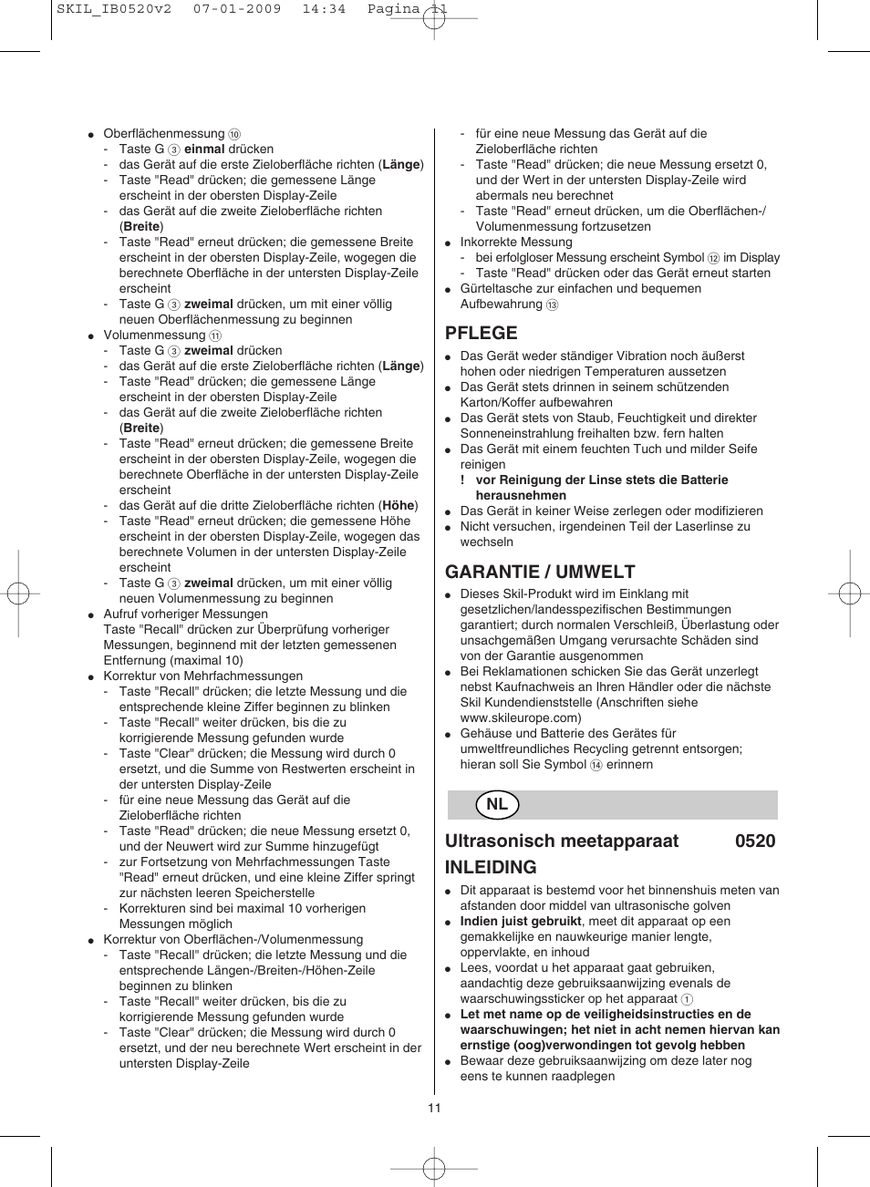 Pflege, Garantie / umwelt, Ultrasonisch meetapparaat 0520 inleiding | Skil 0520 AA User Manual | Page 11 / 68
