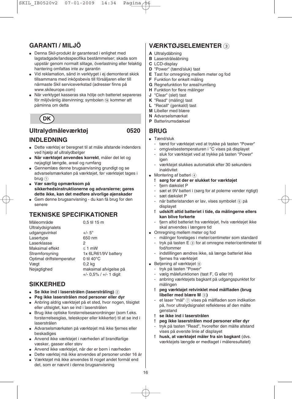 Garanti / miljö, Ultralydmåleværktøj 0520 indledning, Tekniske specifikationer | Sikkerhed, Værktøjselementer 3, Brug | Skil 0520 AA User Manual | Page 16 / 68