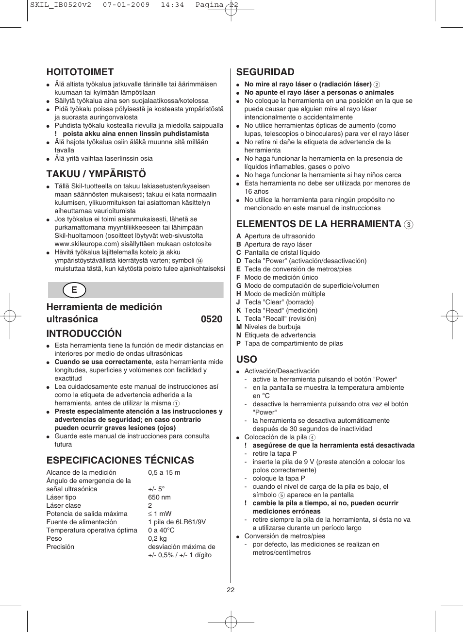 Hoitotoimet, Takuu / ympäristö, Especificaciones técnicas | Seguridad, Elementos de la herramienta 3 | Skil 0520 AA User Manual | Page 22 / 68