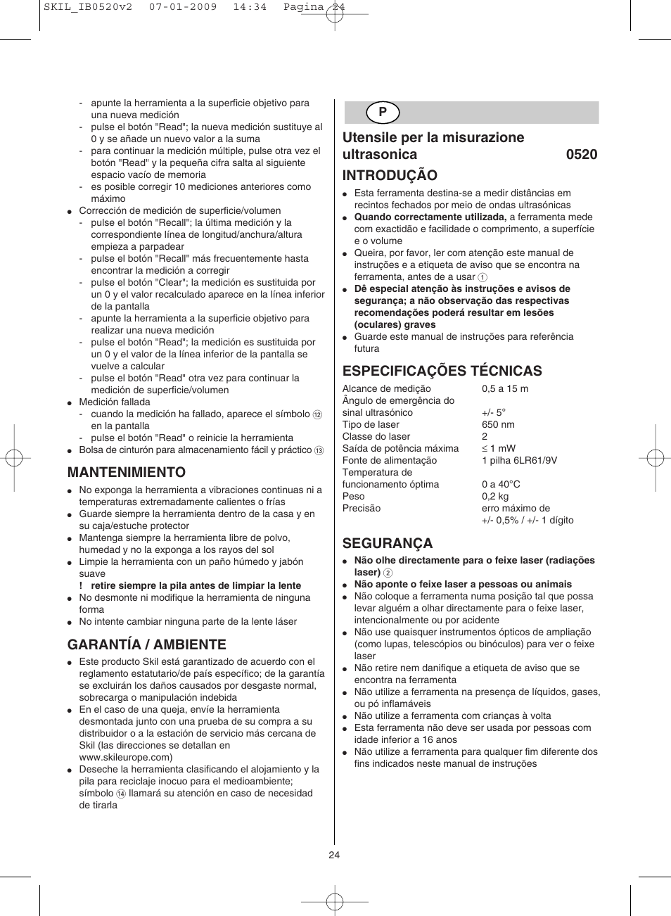 Mantenimiento, Garantía / ambiente, Especificações técnicas | Segurança | Skil 0520 AA User Manual | Page 24 / 68
