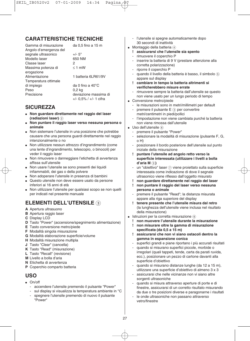 Caratteristiche tecniche, Sicurezza, Elementi dell’utensile 3 | Skil 0520 AA User Manual | Page 27 / 68