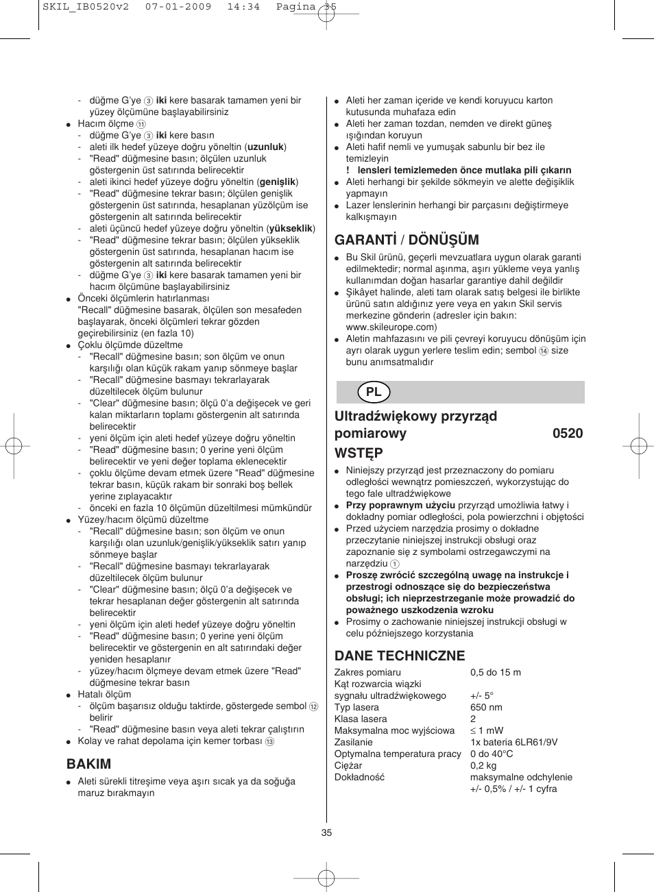 Bakim, Garant‹ / dönüﬁüm, Ultradêwi´kowy przyrzàd pomiarowy 0520 wst¢p | Dane techniczne | Skil 0520 AA User Manual | Page 35 / 68