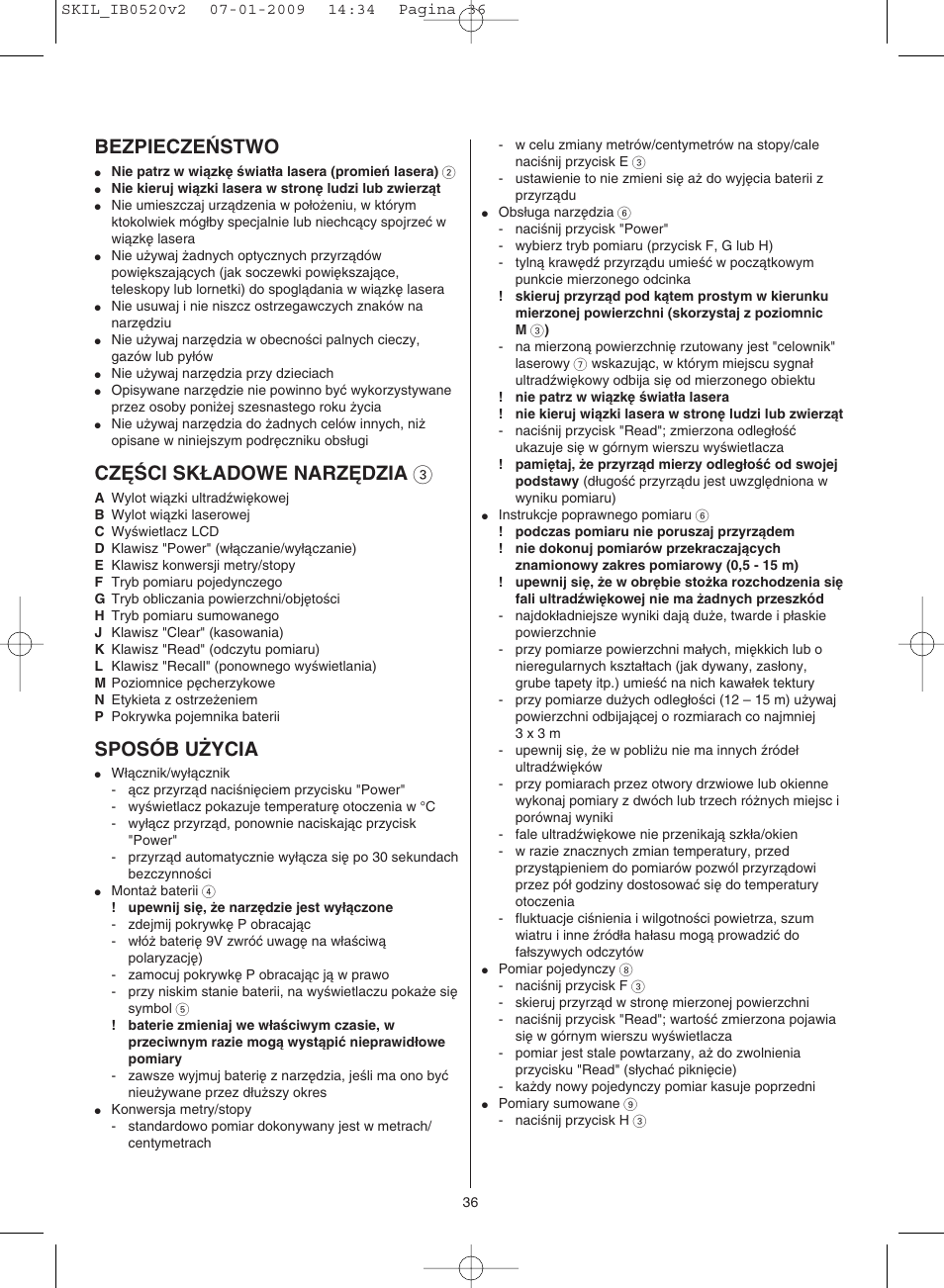 Bezpiecze¡stwo, Cz¢âci sk¸adowe narz¢dzia 3, Sposób u˚ycia | Skil 0520 AA User Manual | Page 36 / 68