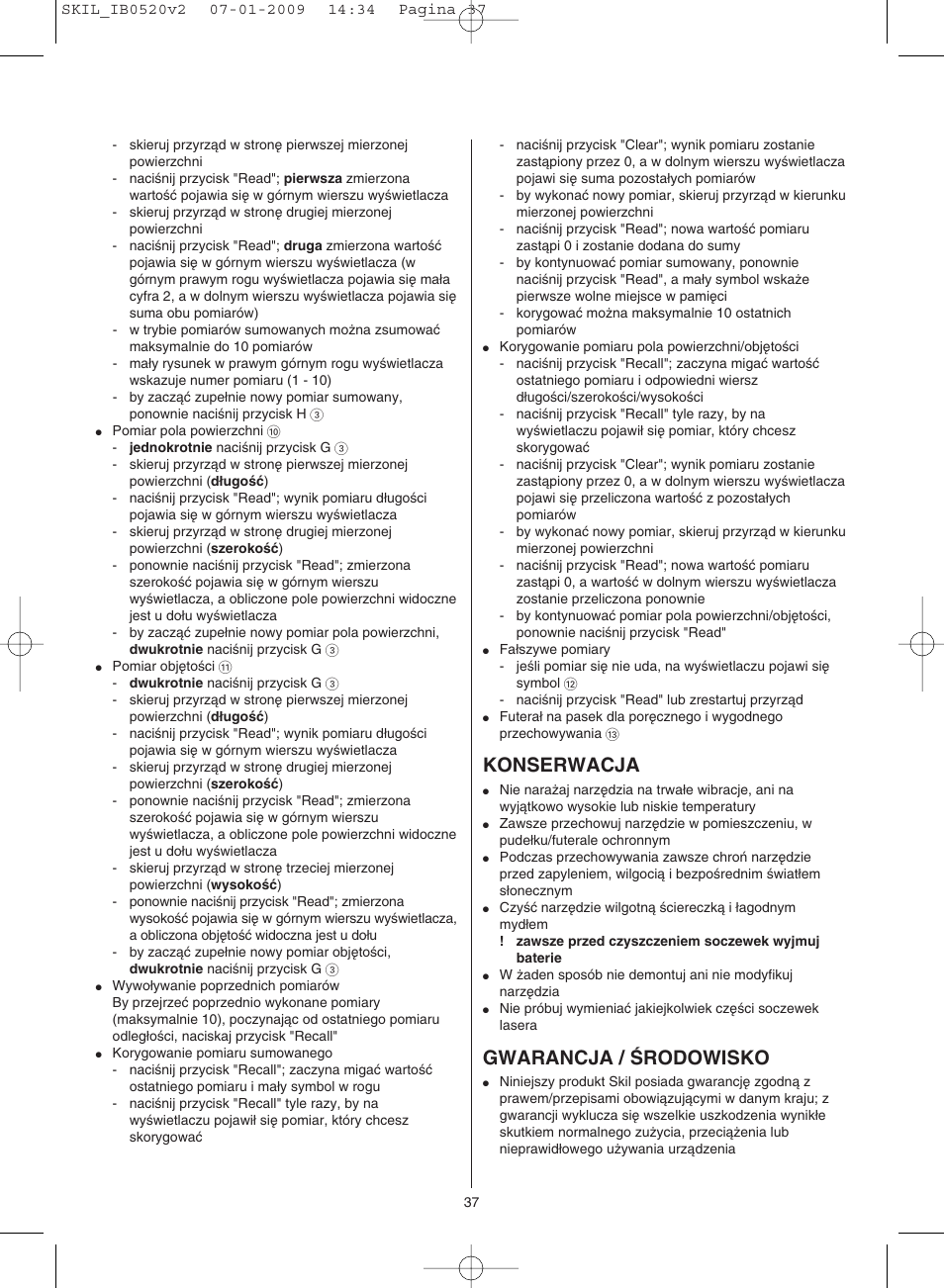 Konserwacja, Gwarancja / ârodowisko | Skil 0520 AA User Manual | Page 37 / 68