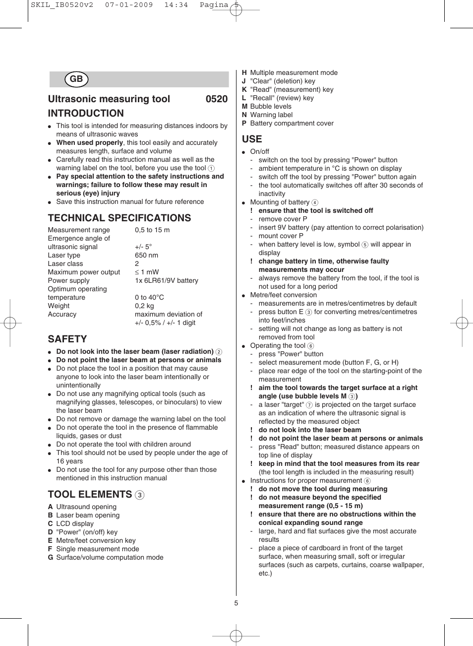 Ultrasonic measuring tool 0520 introduction, Technical specifications, Safety | Tool elements 3 | Skil 0520 AA User Manual | Page 5 / 68