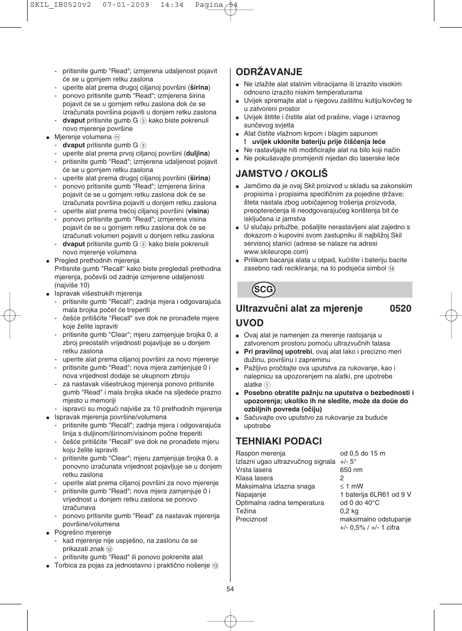 Odrîavanje, Jamstvo / okoli, Ultrazvuãni alat za mjerenje 0520 uvod | Tehniaki podaci | Skil 0520 AA User Manual | Page 54 / 68