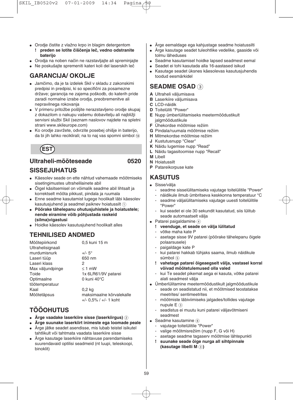 Garancija/ okolje, Ultraheli-mõõteseade 0520 sissejuhatus, Tehnilised andmed | Tööohutus, Seadme osad 3, Kasutus | Skil 0520 AA User Manual | Page 59 / 68