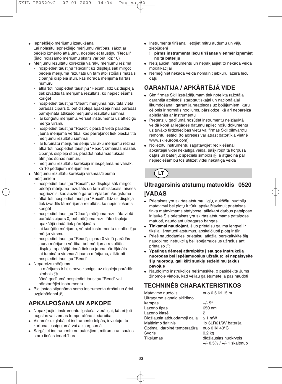 Apkalpo·ana un apkope, Garantija / apkårtîjå vide, Ultragarsinis atstum˜ matuoklis 0520 ∫vadas | Techninñs charakteristikos | Skil 0520 AA User Manual | Page 63 / 68
