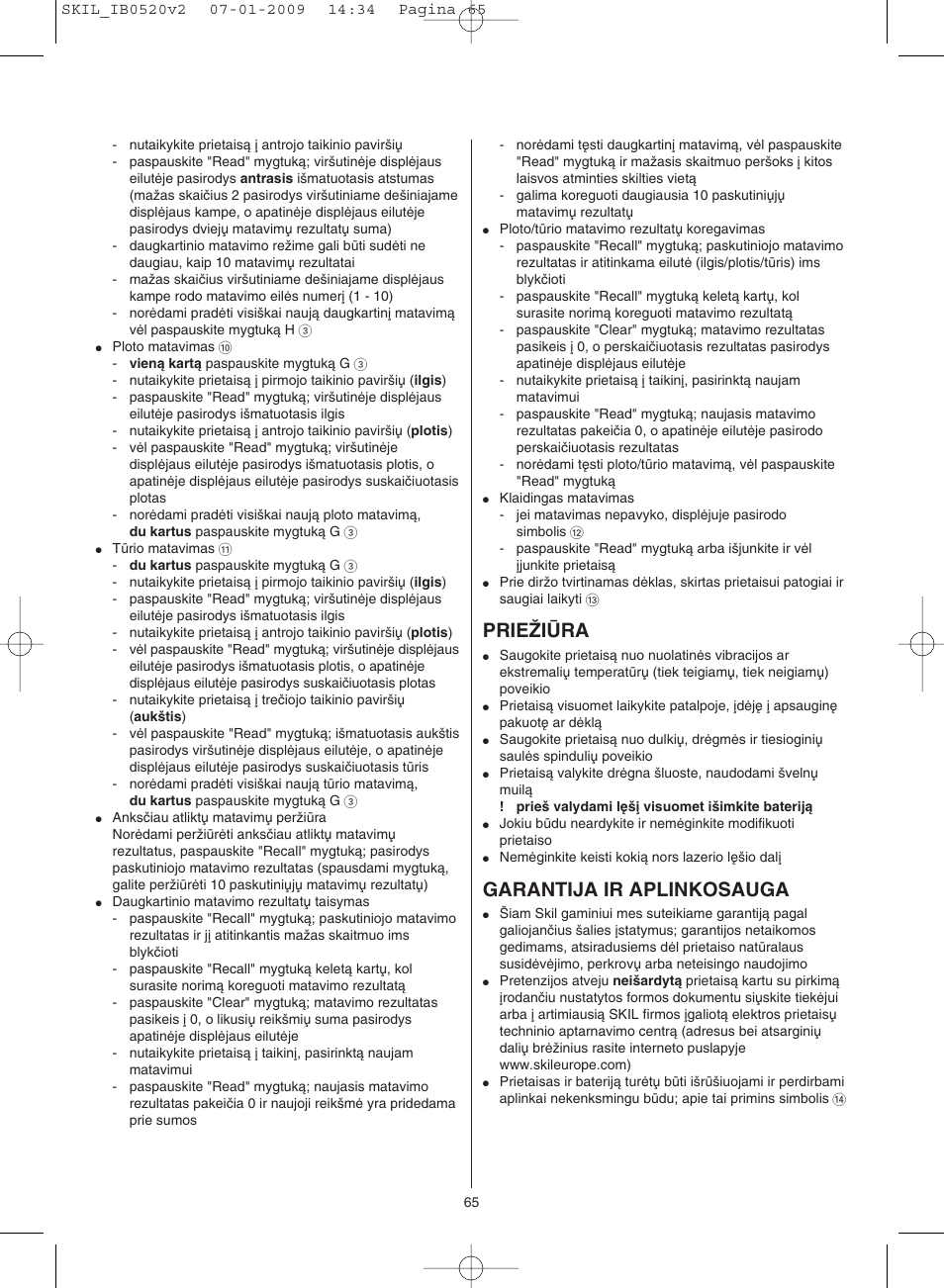 Prieîiìra, Garantija ir aplinkosauga | Skil 0520 AA User Manual | Page 65 / 68