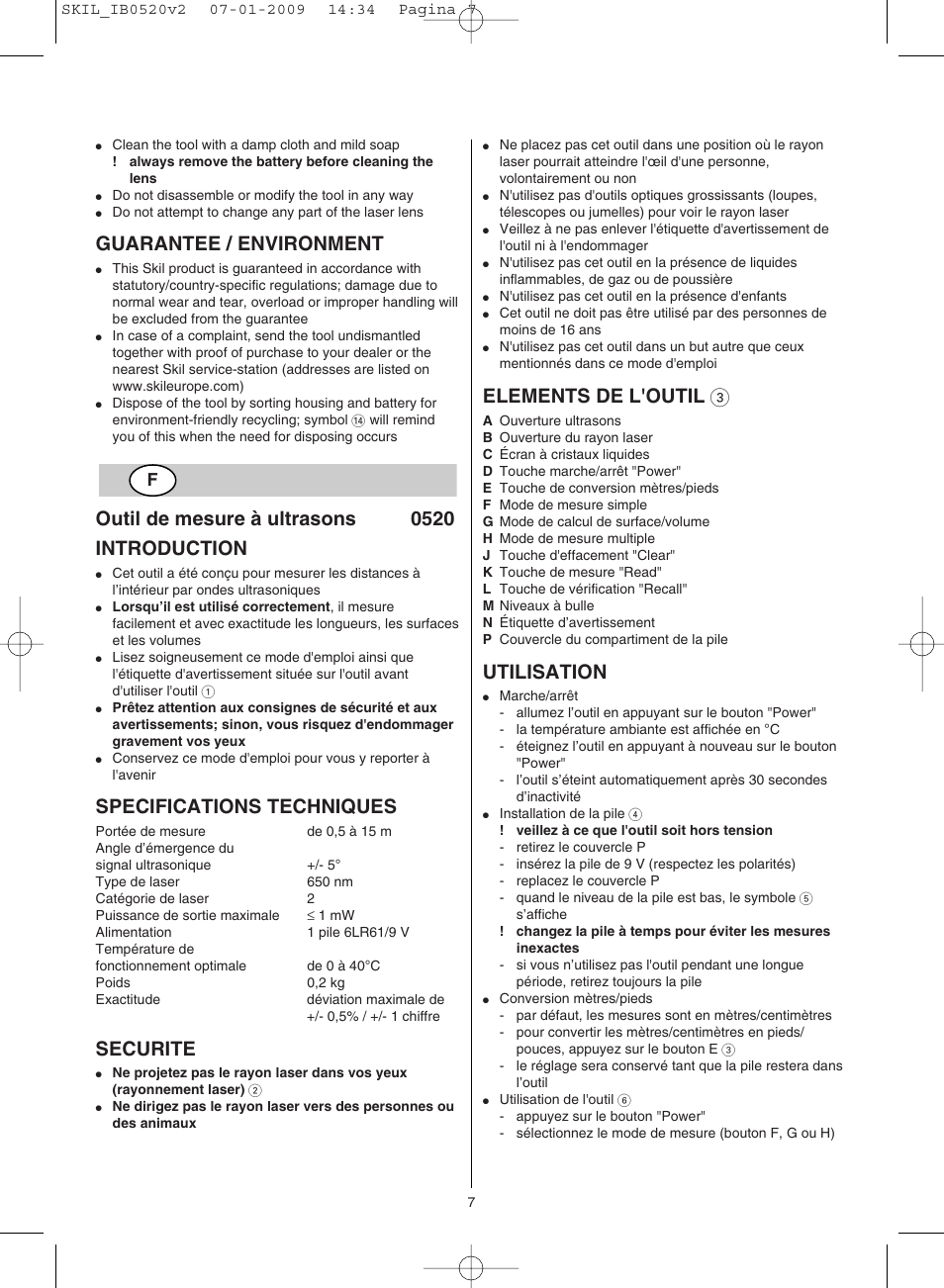 Guarantee / environment, Outil de mesure à ultrasons 0520 introduction, Specifications techniques | Securite, Elements de l'outil 3, Utilisation | Skil 0520 AA User Manual | Page 7 / 68