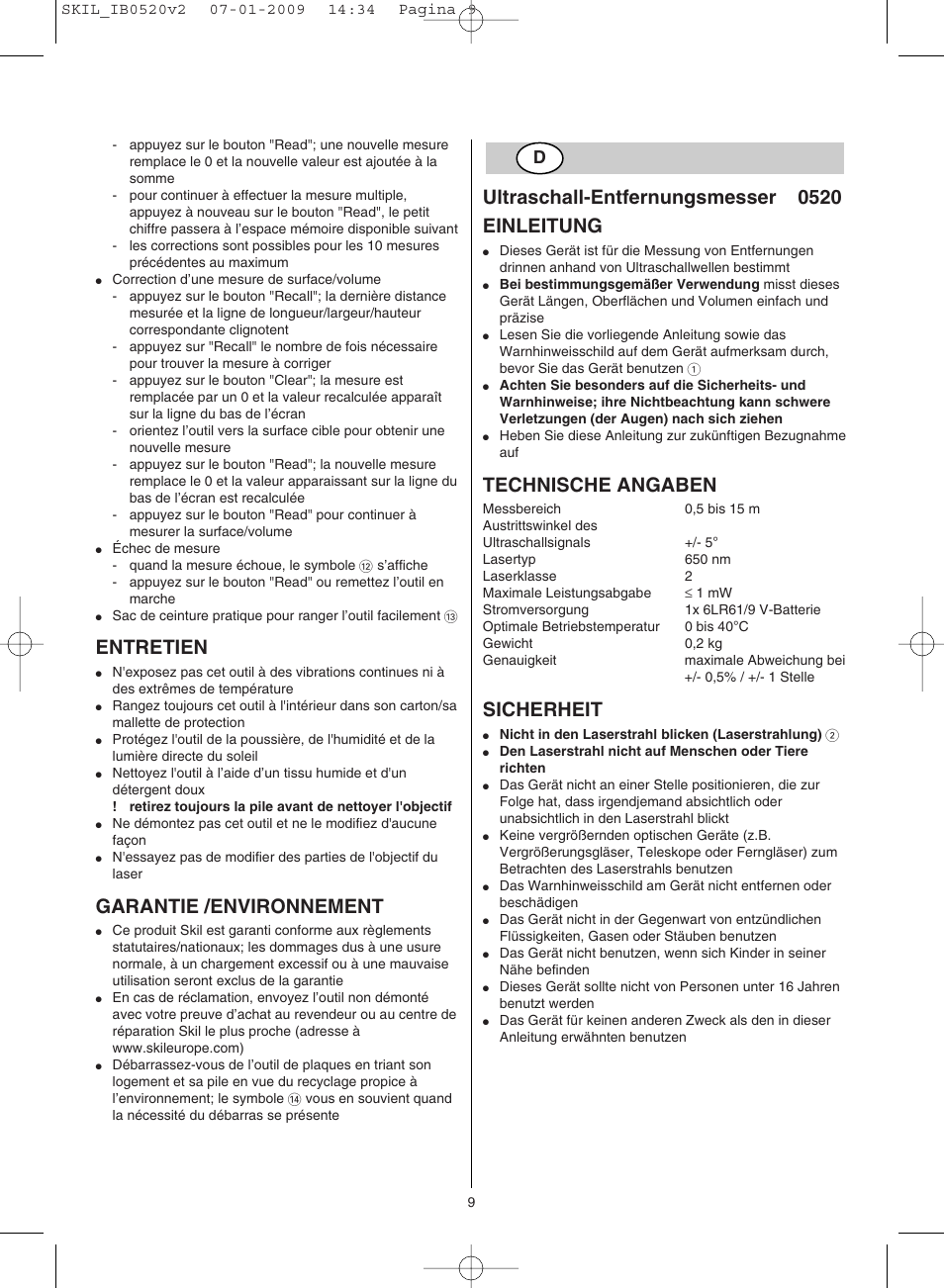 Entretien, Garantie /environnement, Ultraschall-entfernungsmesser 0520 einleitung | Technische angaben, Sicherheit | Skil 0520 AA User Manual | Page 9 / 68