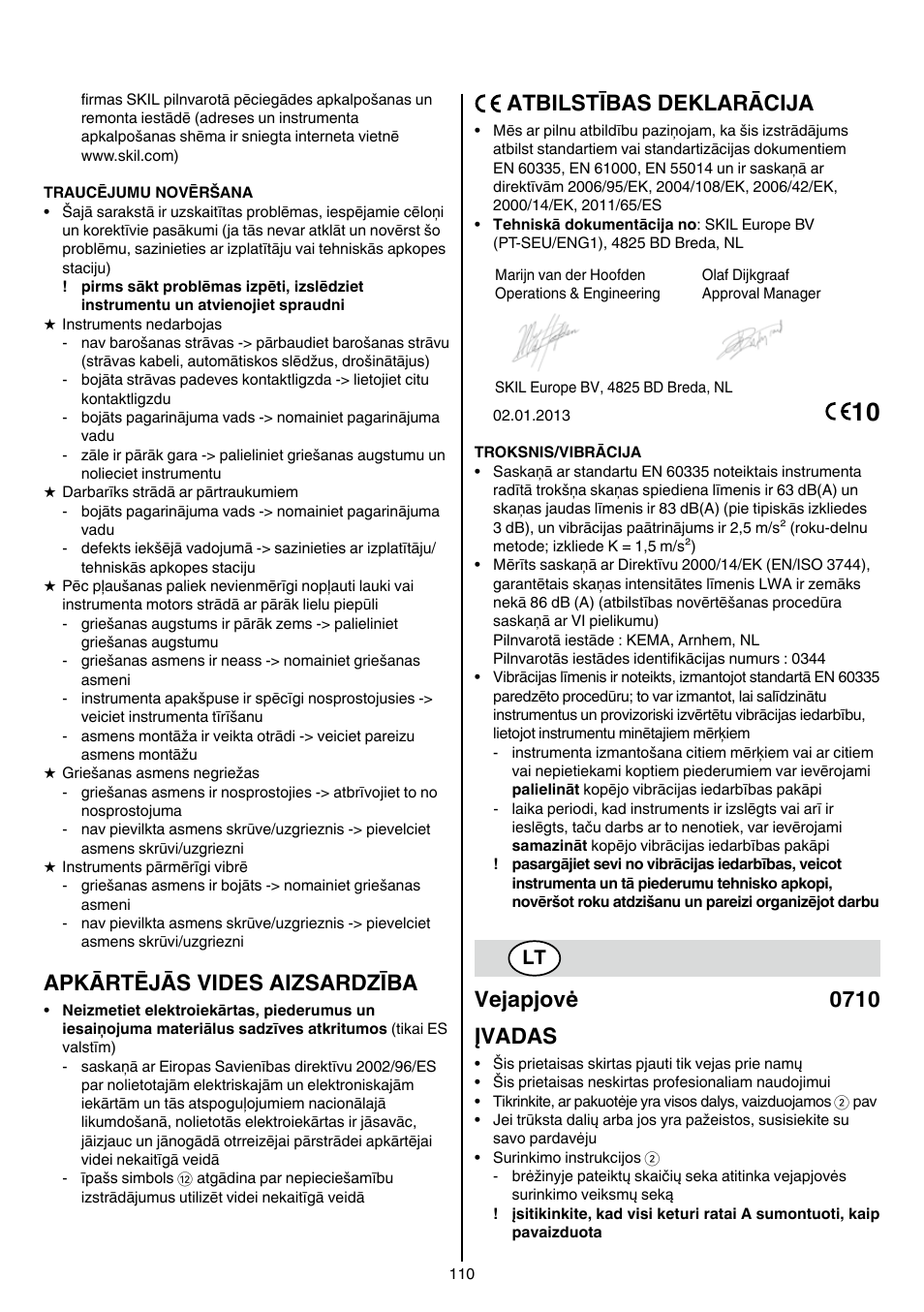 Apkārtējās vides aizsardzība, Atbilstības deklarācija, Vejapjovė 0710 įvadas | Skil 0710 RT User Manual | Page 110 / 136