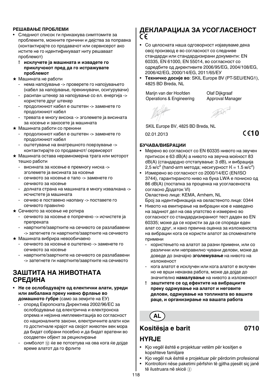Заштита на животната средина, Декларација за усогласеност, Kositësja e barit 0710 hyrje | Skil 0710 RT User Manual | Page 118 / 136