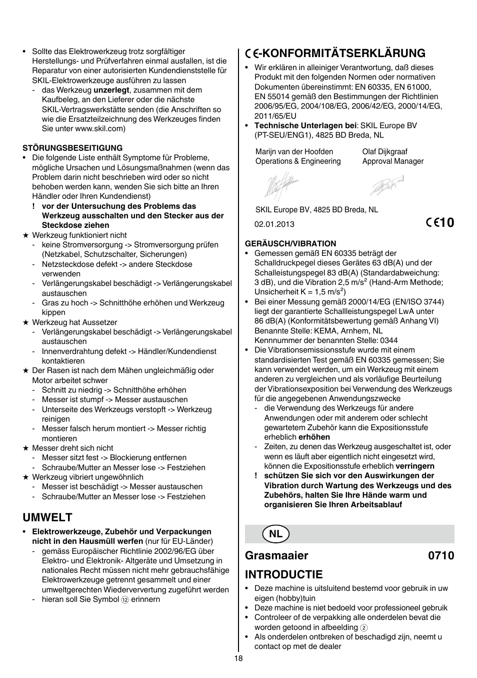 Umwelt, Konformitätserklärung, Grasmaaier 0710 introductie | Skil 0710 RT User Manual | Page 18 / 136