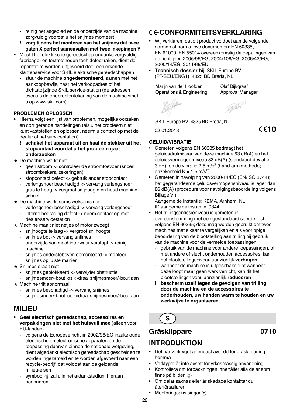 Milieu, Conformiteitsverklaring, Gräsklippare 0710 introduktion | Skil 0710 RT User Manual | Page 22 / 136